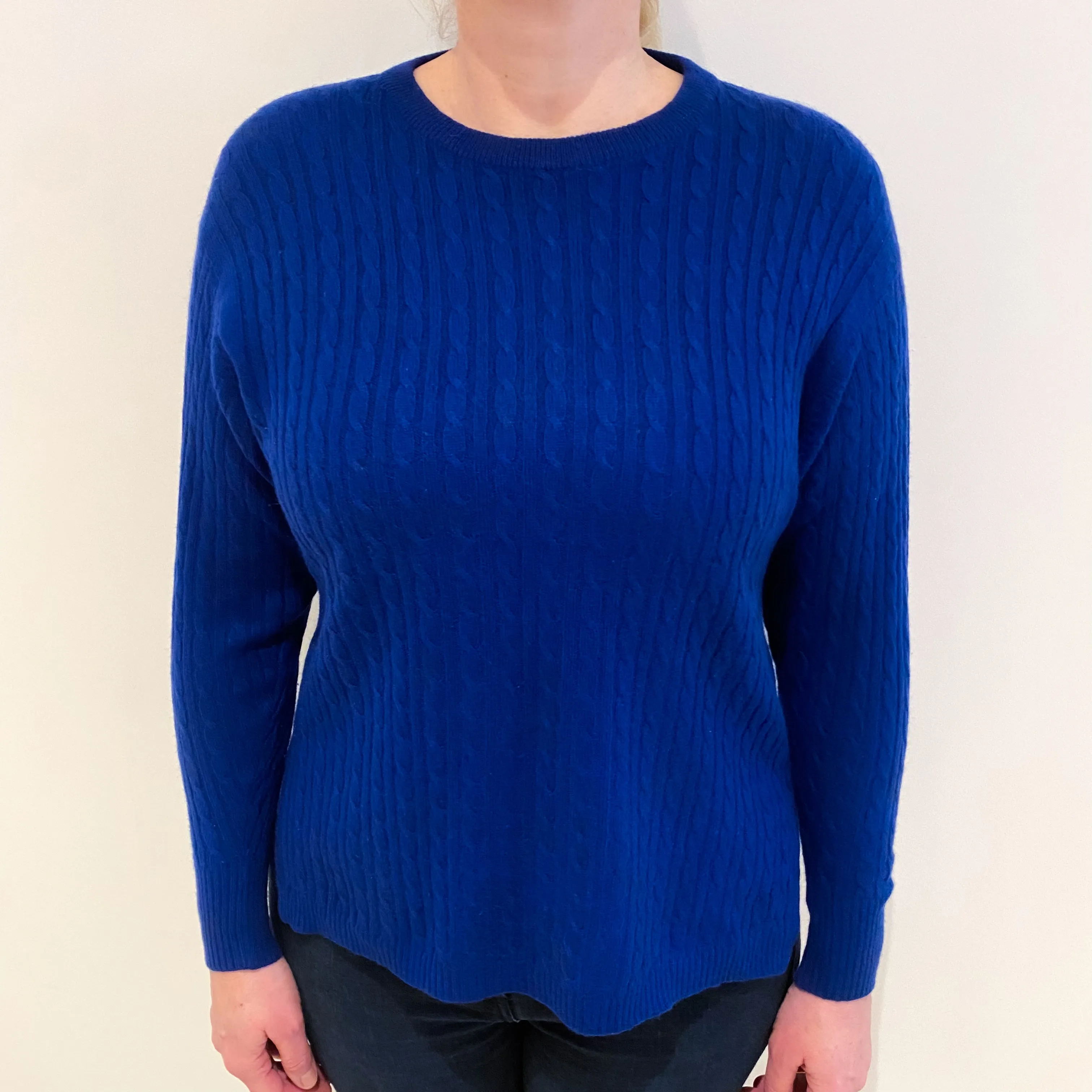 Admiral Blue Cashmere Crew Neck Cable Knit Jumper Large