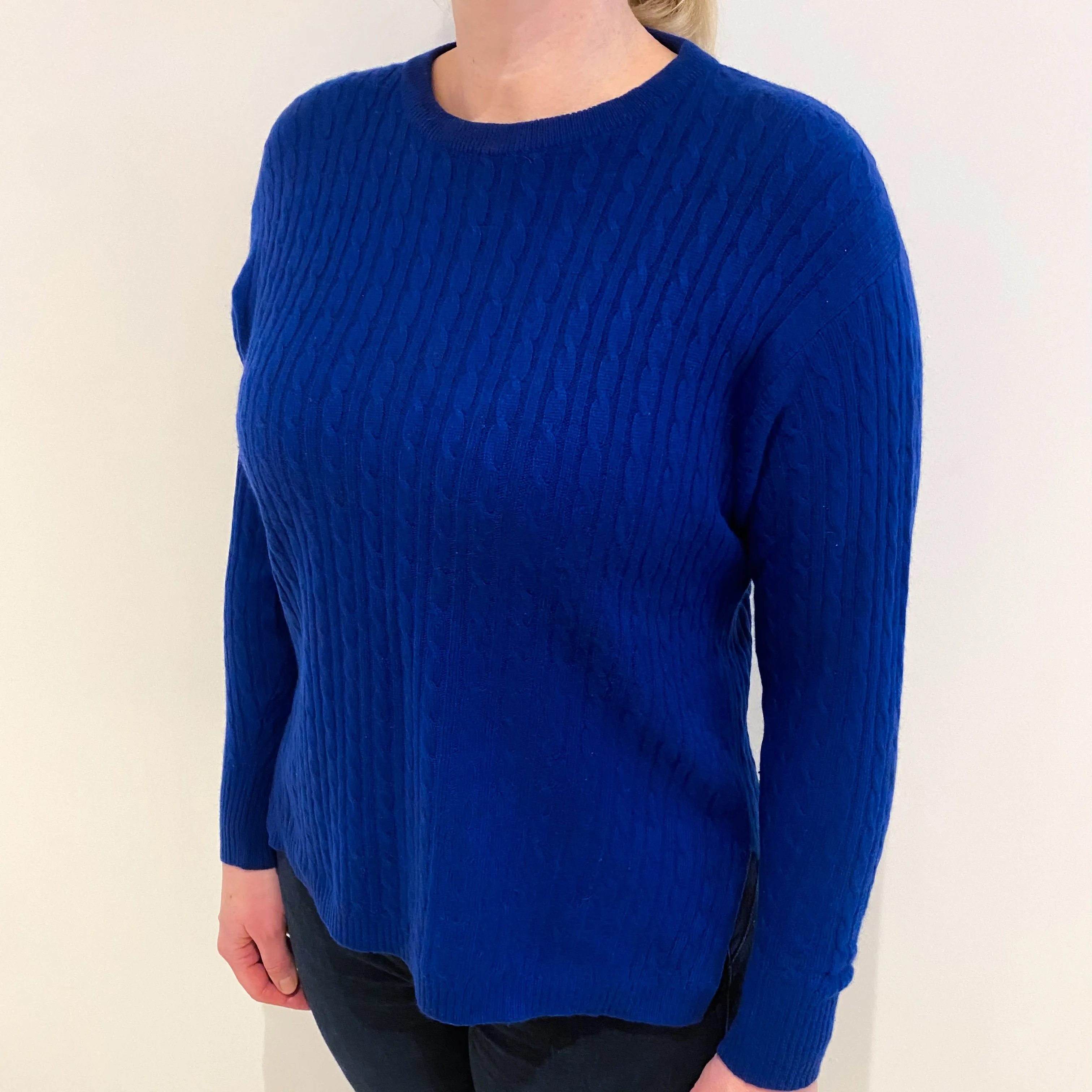 Admiral Blue Cashmere Crew Neck Cable Knit Jumper Large