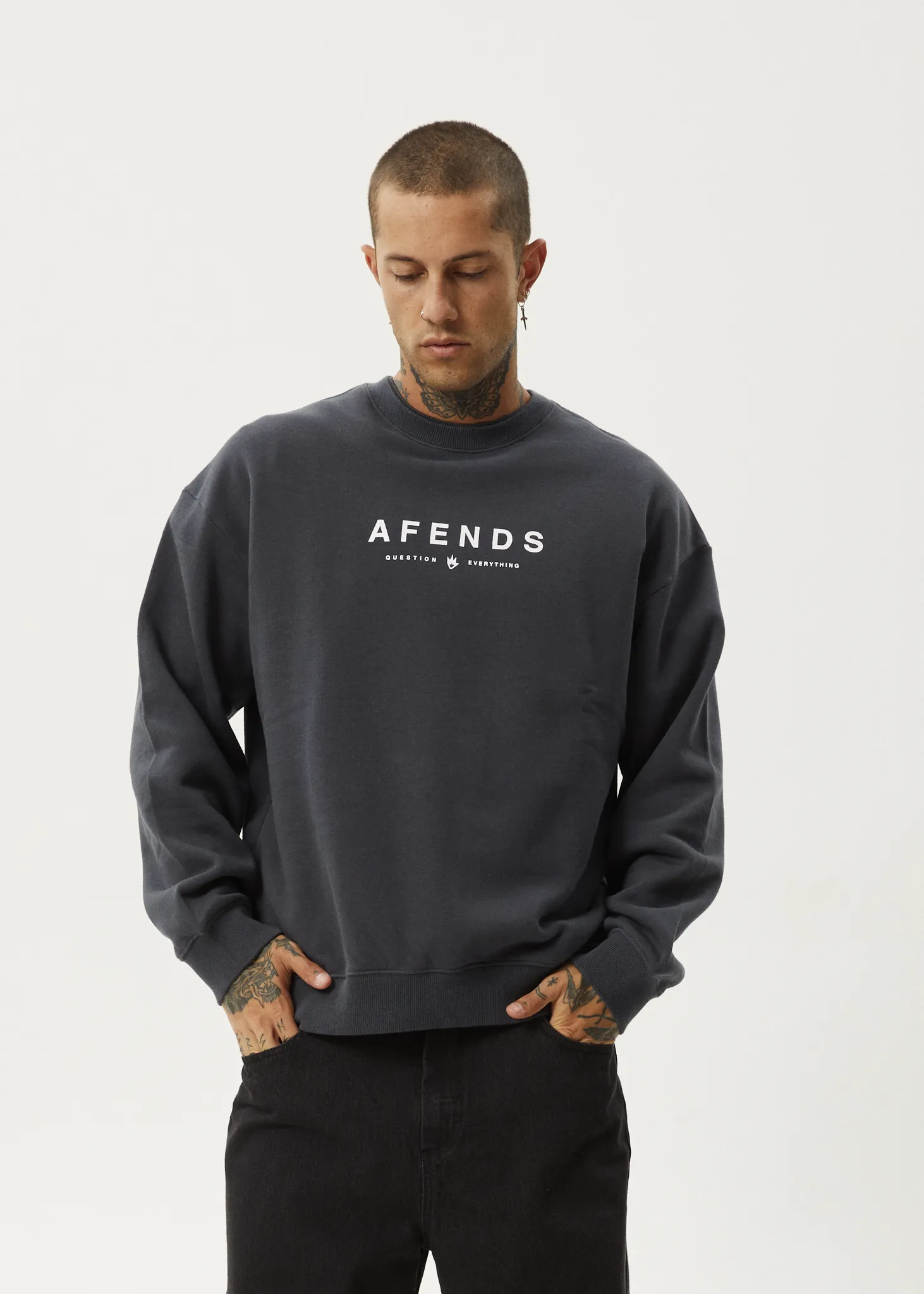 AFENDS Mens Thrown Out - Crew Neck - Charcoal