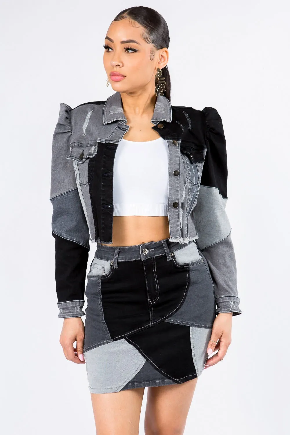 American Bazi Button Up Cropped Patchwork Denim Jacket