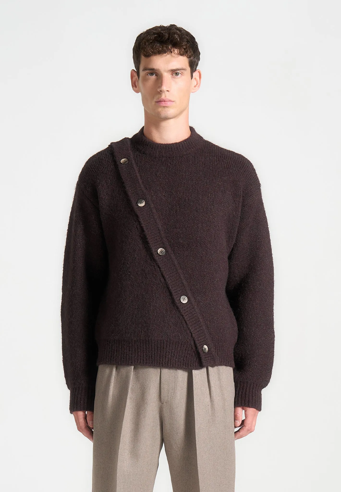 Asymmetric Brushed Wool Knit Jumper - Brown