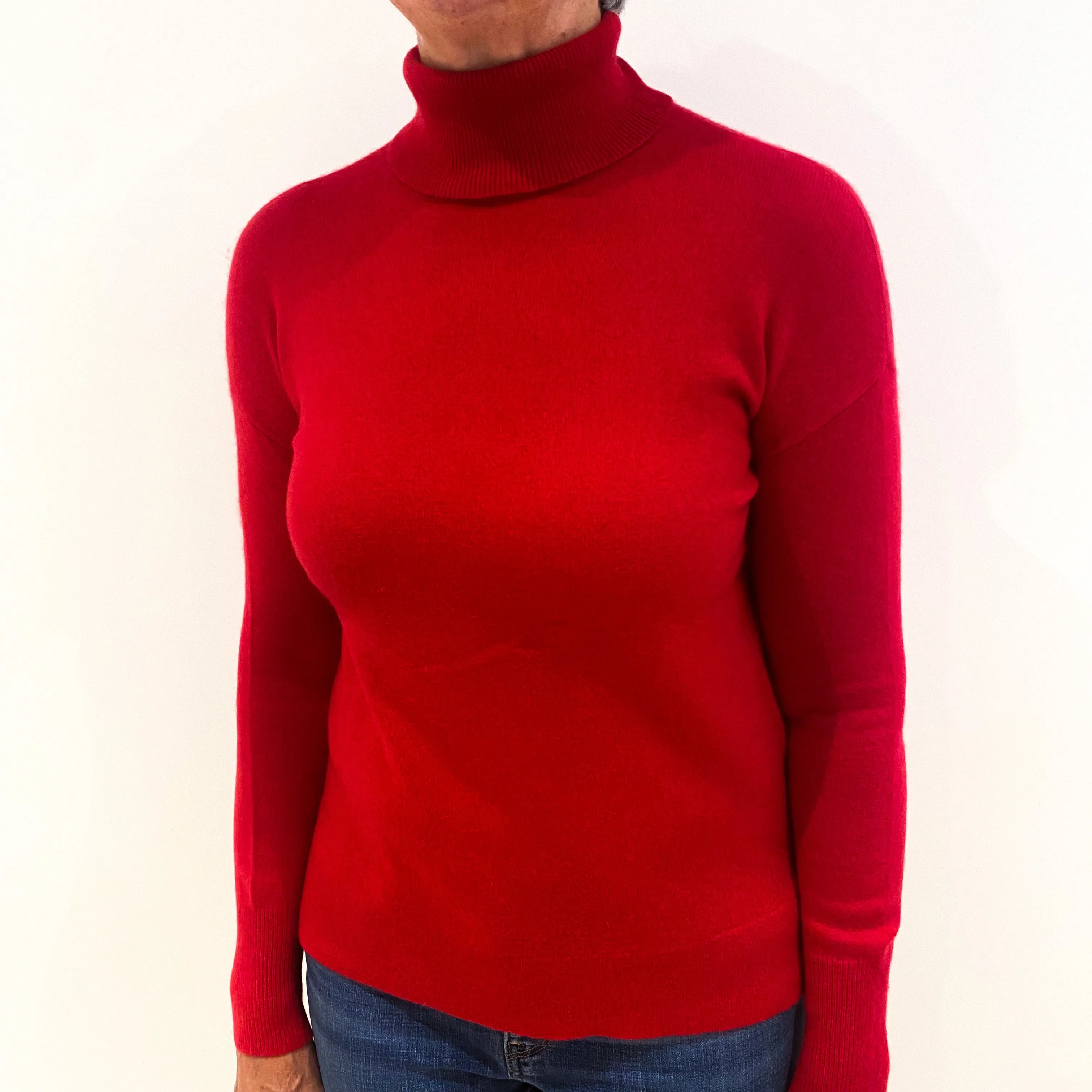 Berry Red Split Hem Cashmere Polo Neck Jumper Medium