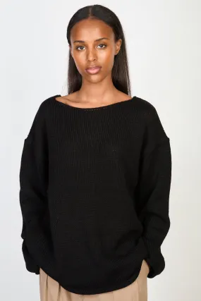 Black boat neck long roll hem jumper