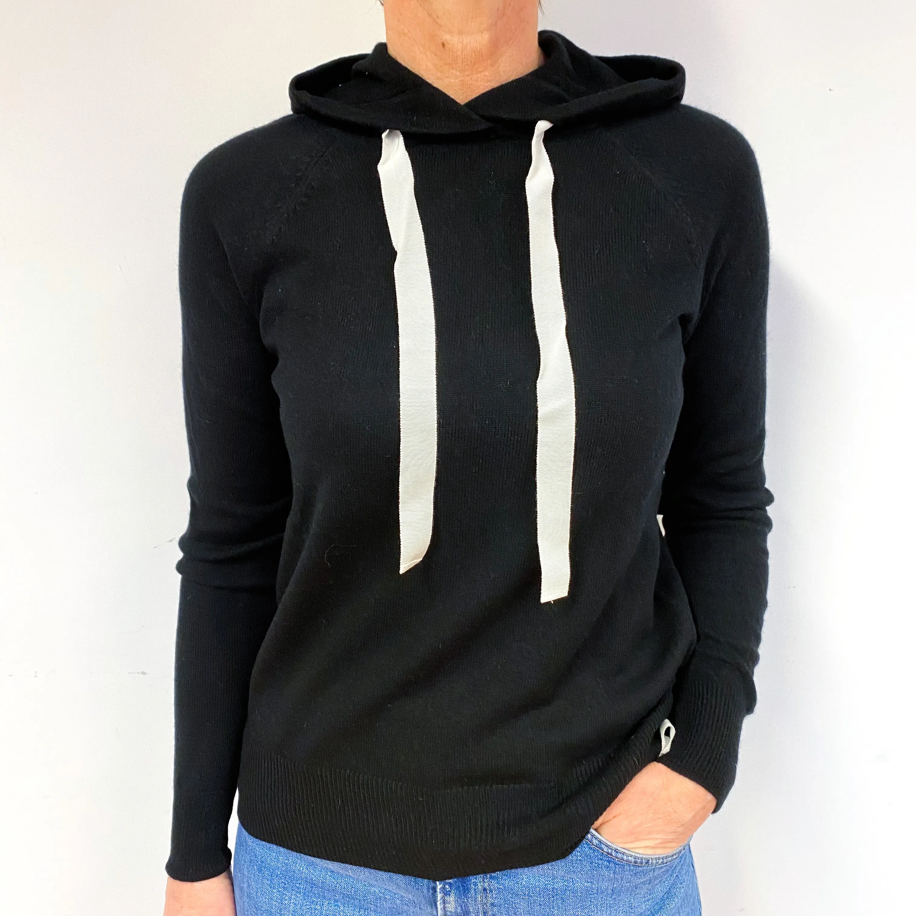 Black Cashmere Drawstring Hoodie Jumper Medium