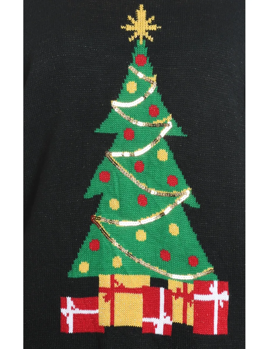 Black Christmas Tree Design Knit Jumper - XL