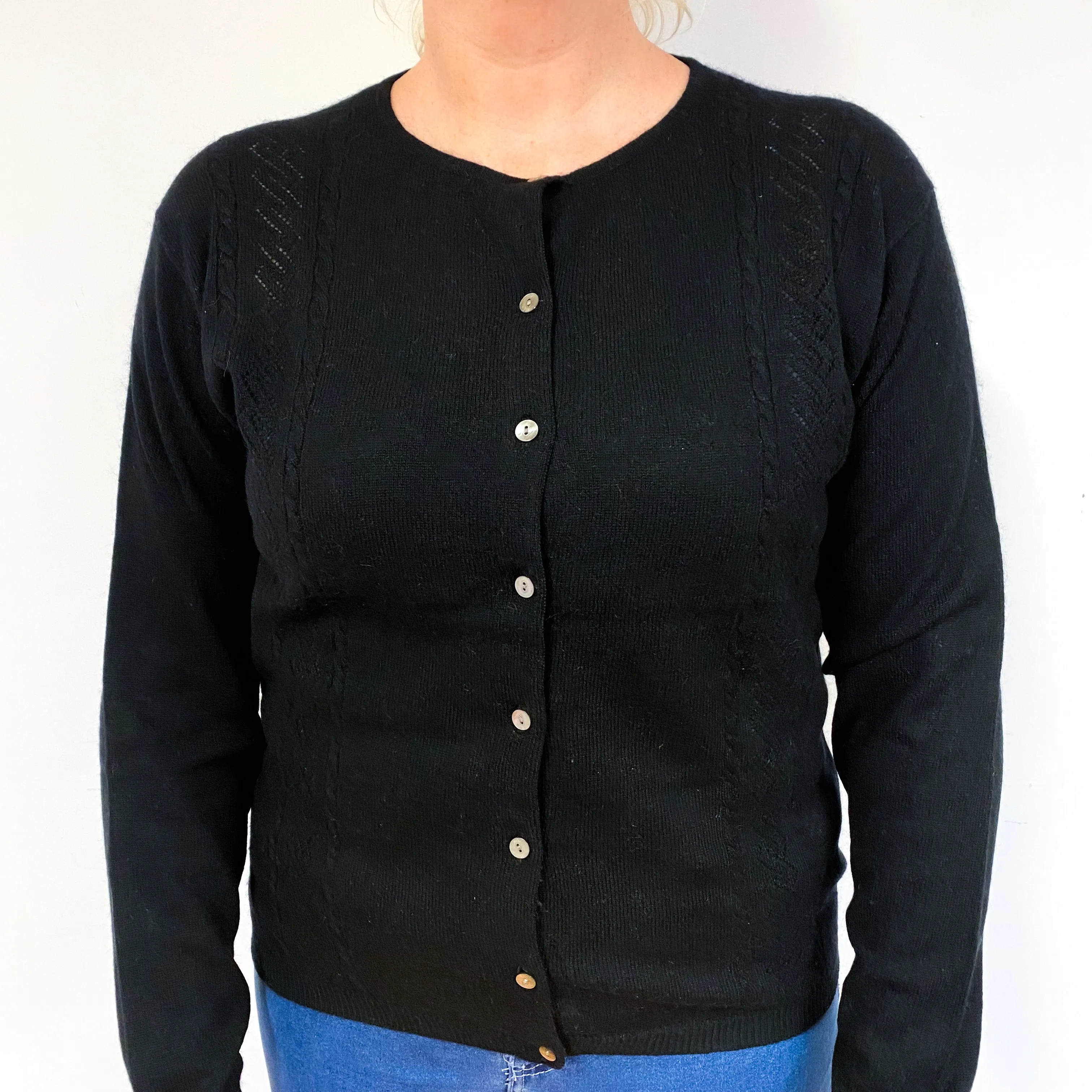 Black Detailed Cashmere Crew Neck Cardigan Large