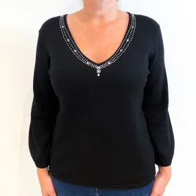 Black Diamanté Neckline Cashmere V-Neck Jumper Large