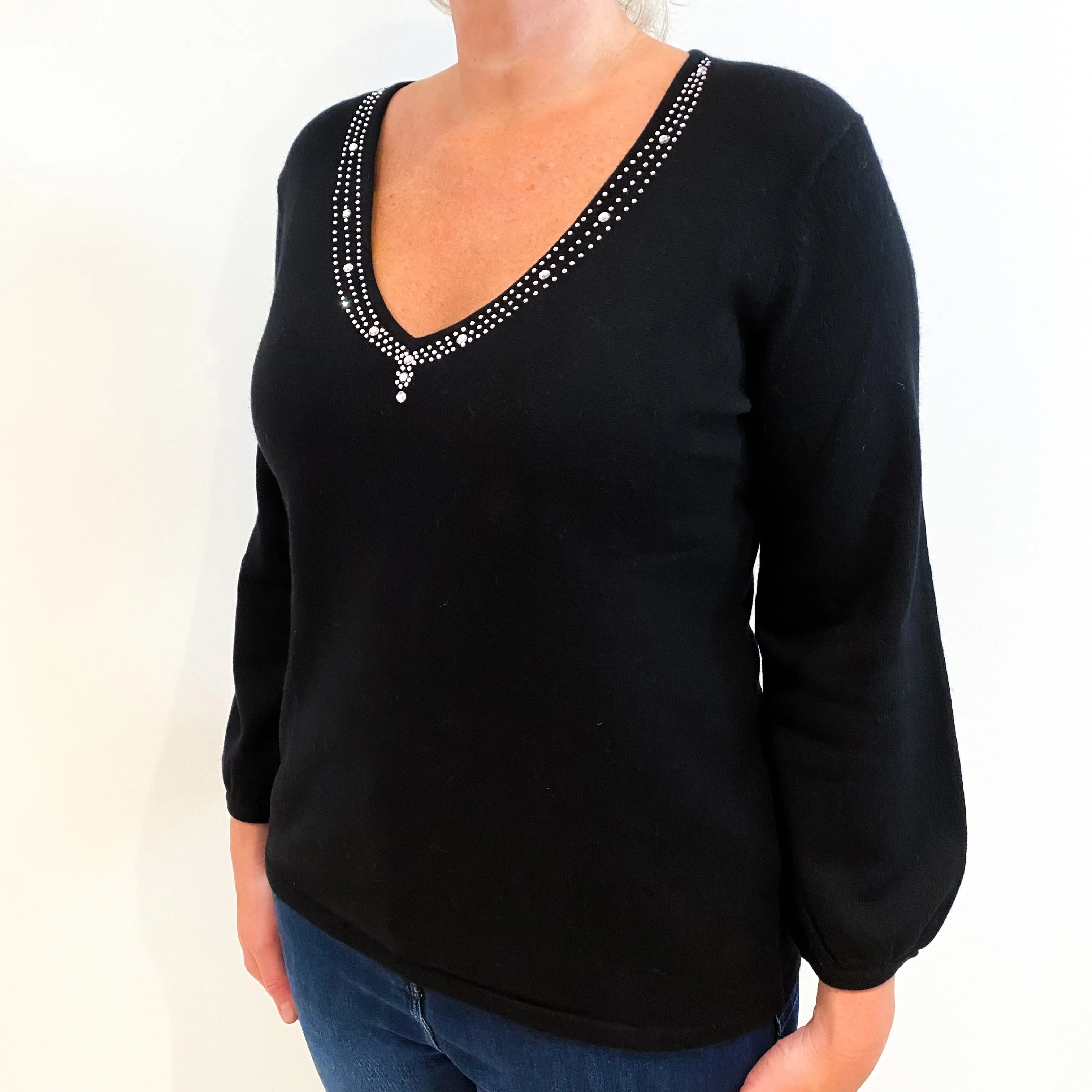 Black Diamanté Neckline Cashmere V-Neck Jumper Large