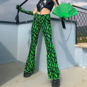 Black Neon Greent Flare Long Pants