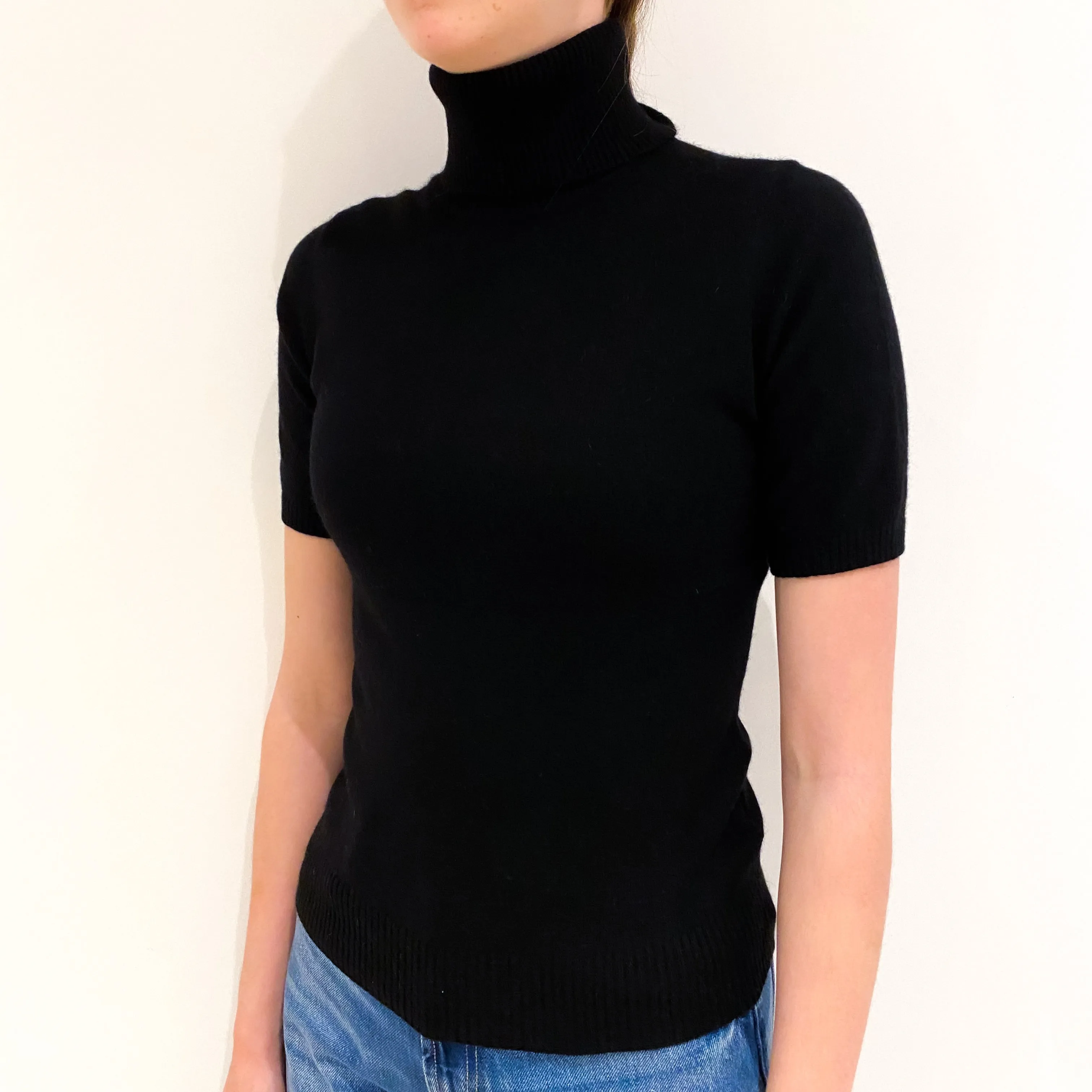 Black Short Sleeved Cashmere Polo Neck Jumper Extra Small