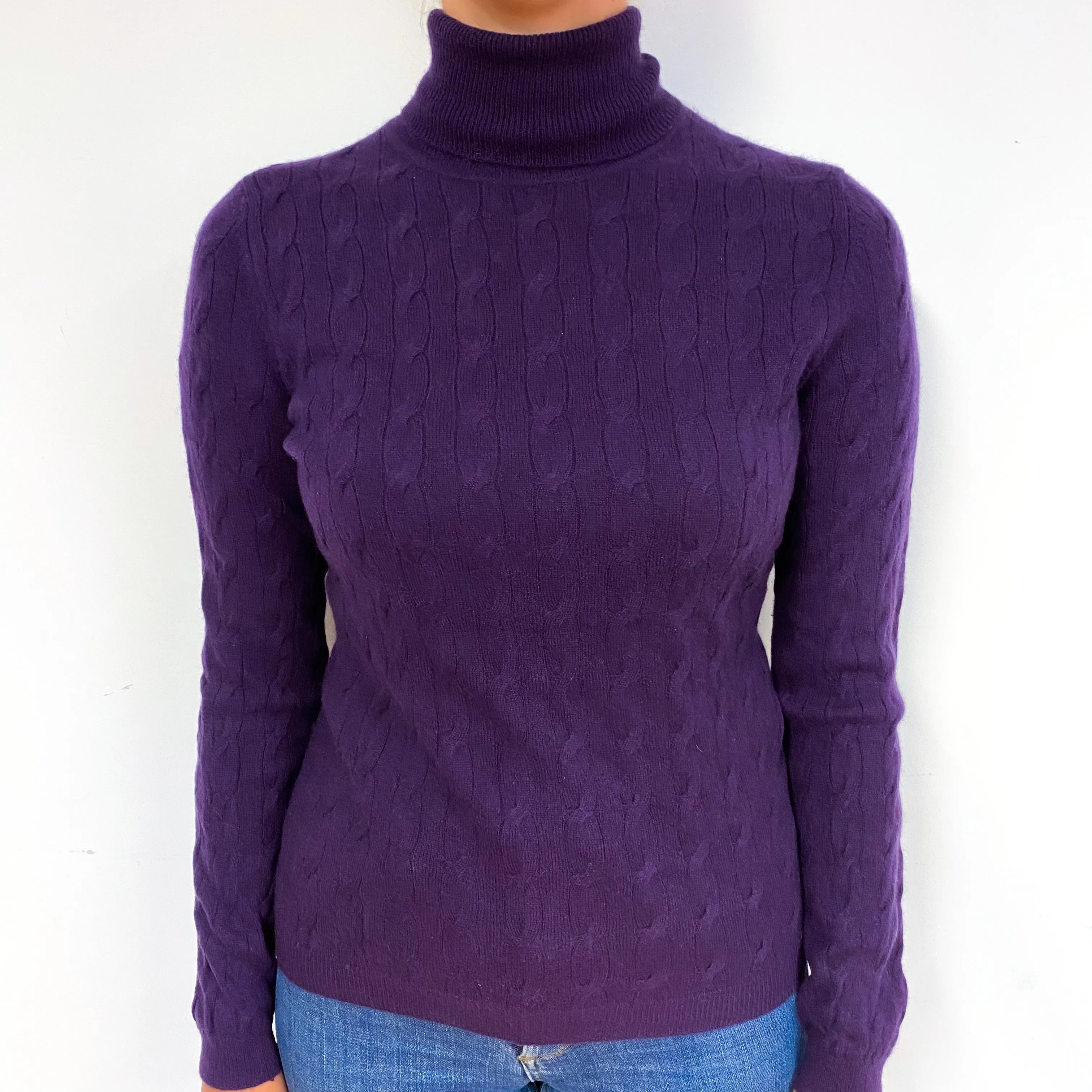 Blueberry Purple Cable Cashmere Polo Neck Jumper Small