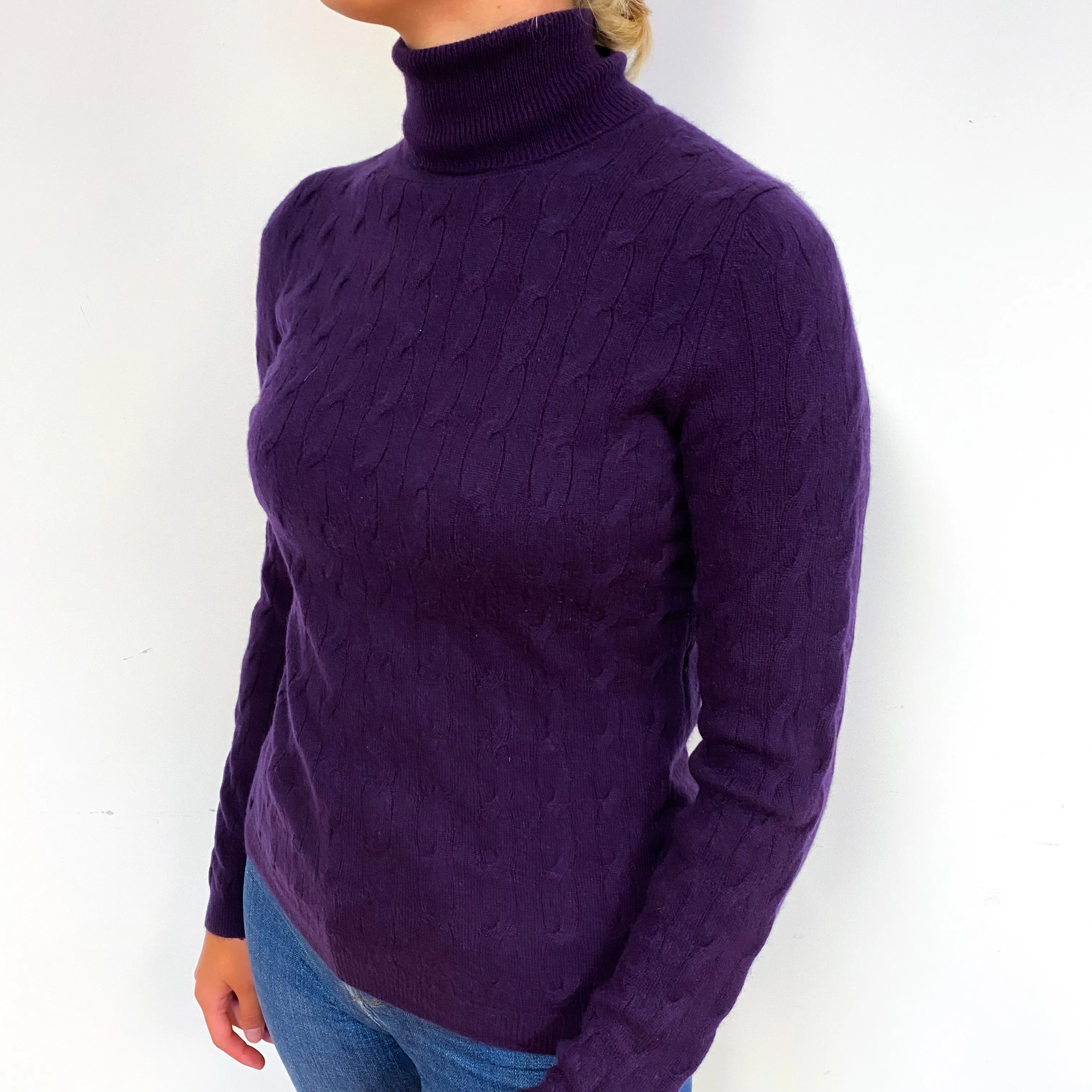 Blueberry Purple Cable Cashmere Polo Neck Jumper Small