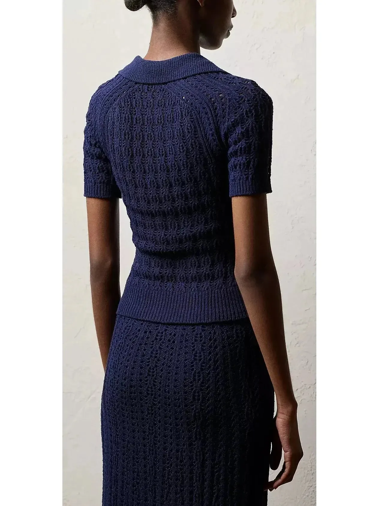 Boucle Short-Sleeve Polo Jumper and Skirt Set, Navy Blue