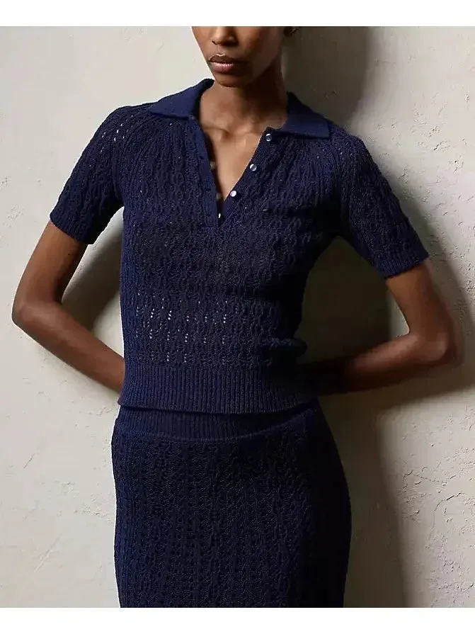 Boucle Short-Sleeve Polo Jumper and Skirt Set, Navy Blue