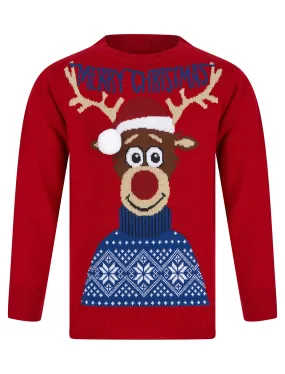 Boy's Christmas Reindeer 3D Pom-Pom Novelty Christmas Jumper in George Red - Merry Christmas Kids (4-12yrs)