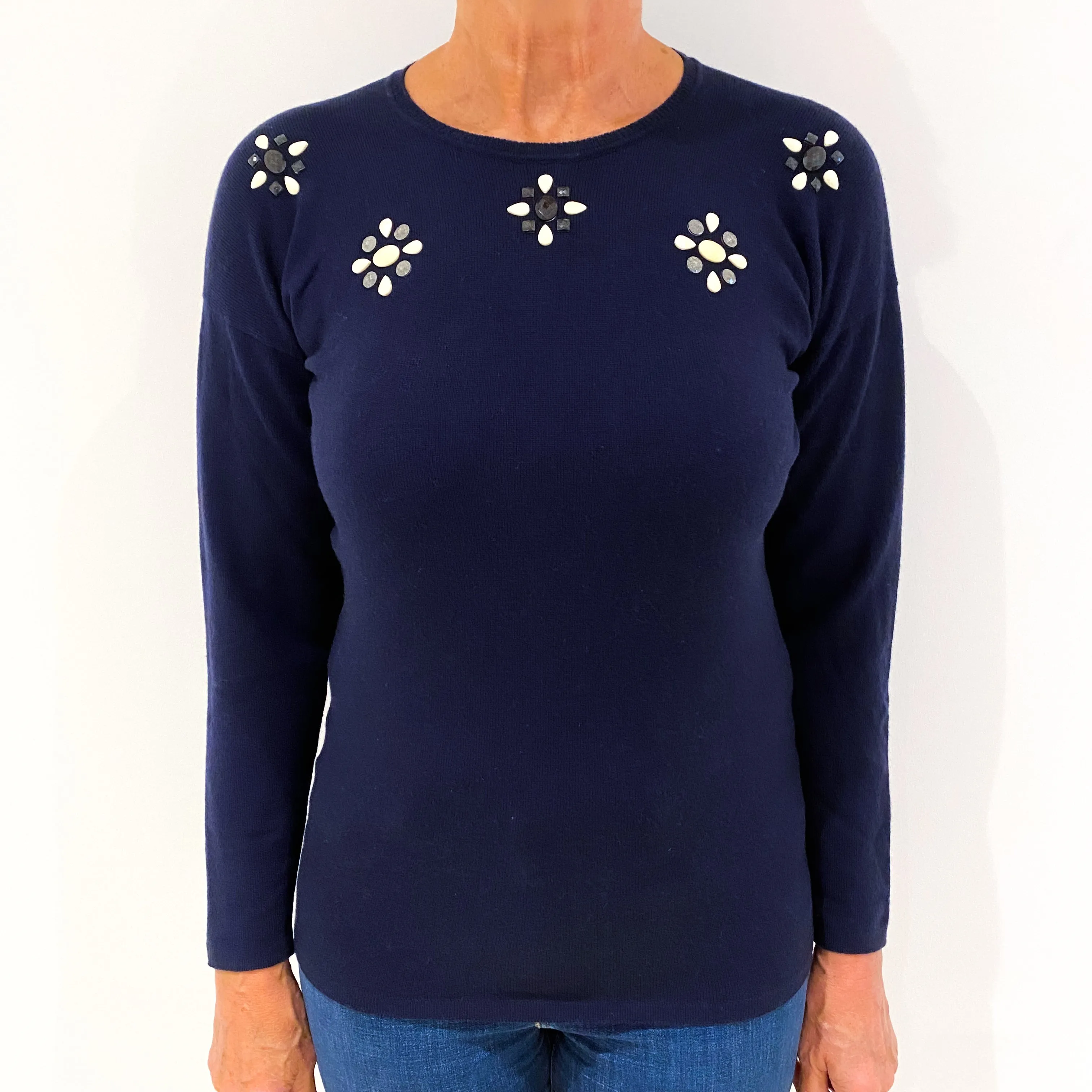 Brand New Scottish Navy Blue Embellished Cashmere Crew Neck Jumper Medium