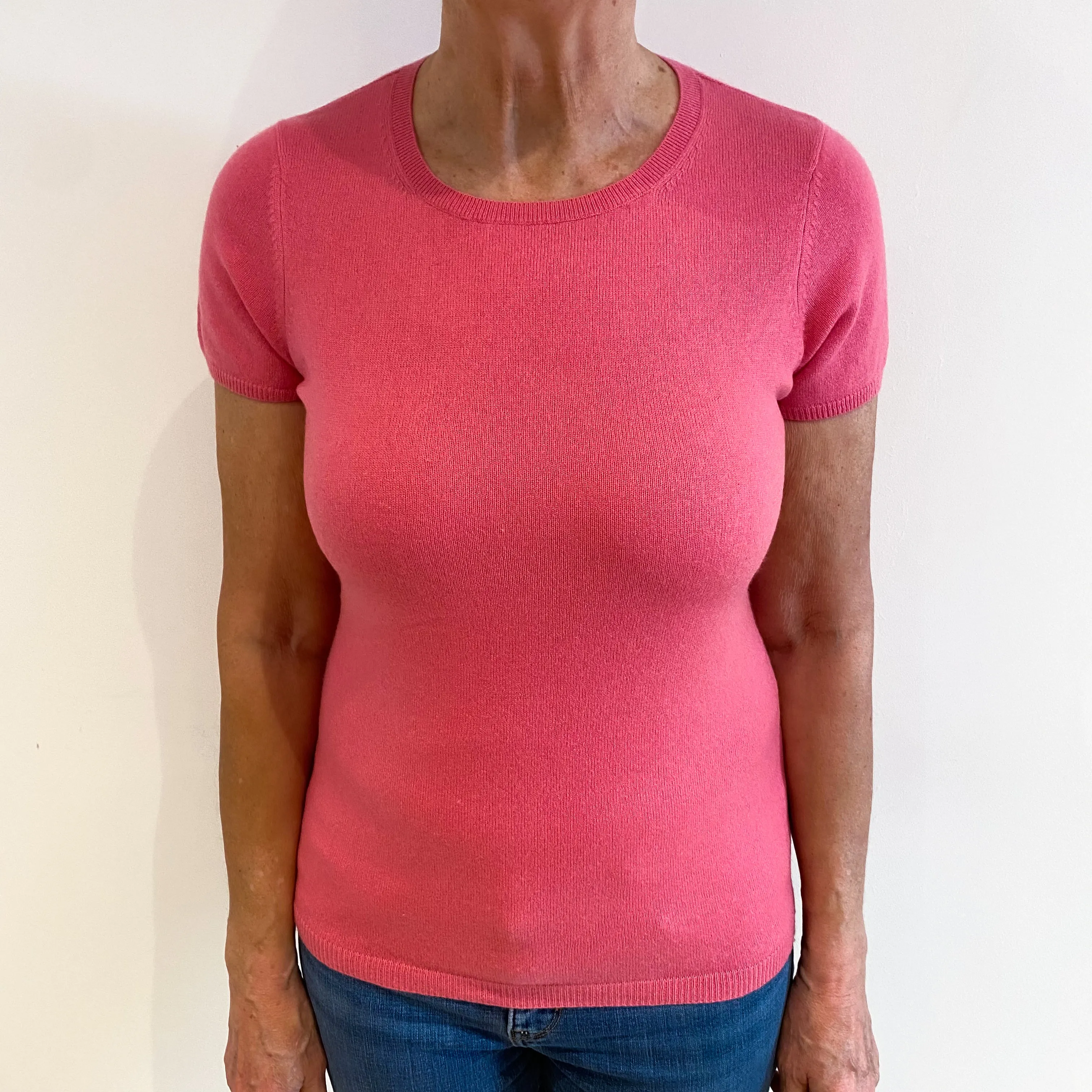 Bubblegum Pink Cashmere Short Sleeved Crew Neck Jumper Medium