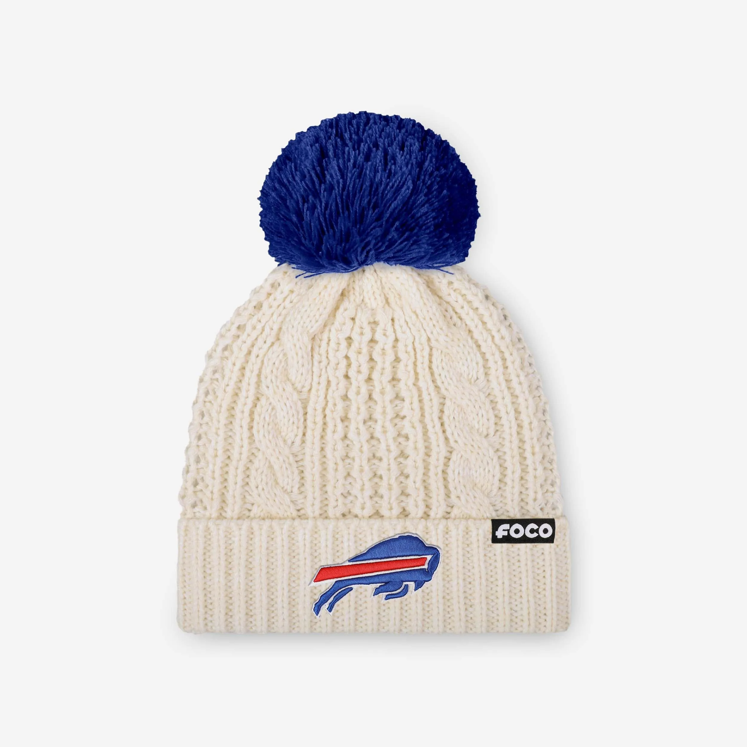 Buffalo Bills Womens Primary Logo White Cable Knit Pom Beanie