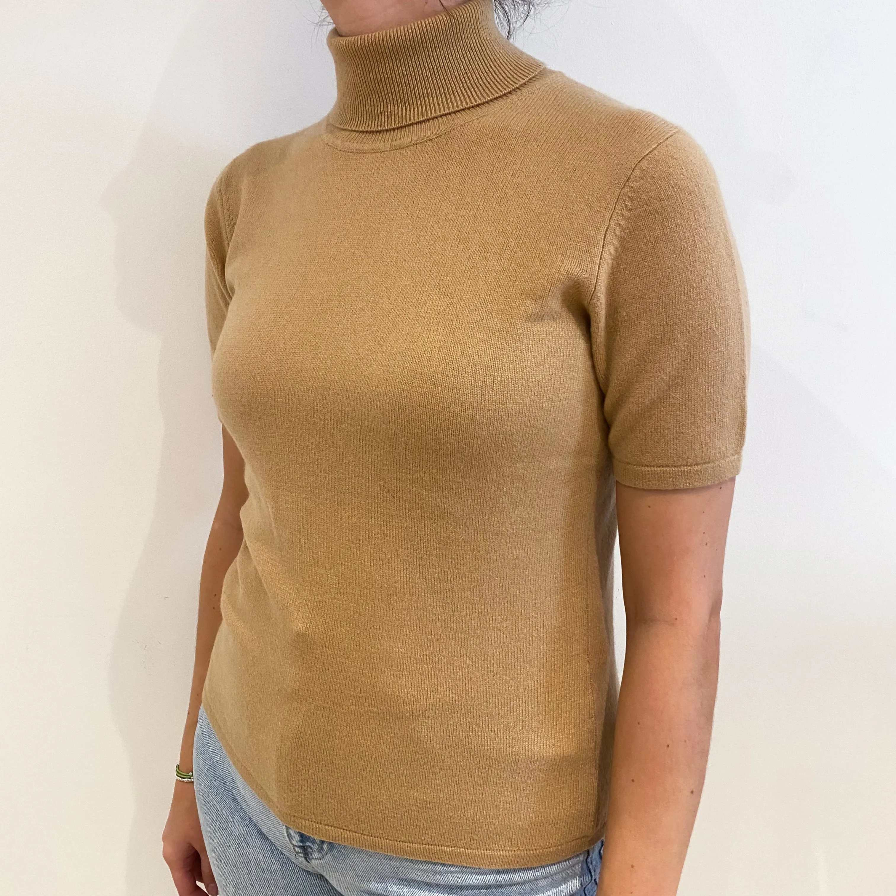 Camel Brown Cashmere Polo Neck Short Sleeved Jumper Small