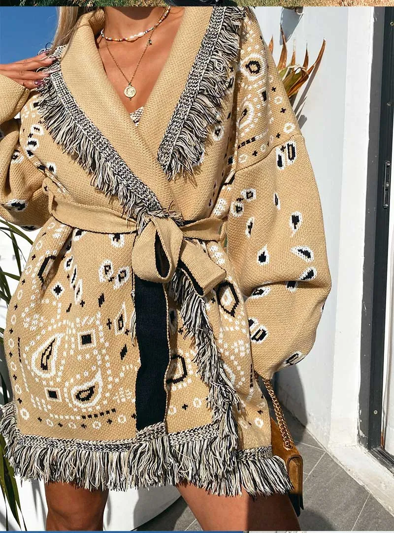 Cashmere Bandana Print Cardigan Tan Fringed Lapel Boho Long Winter Coat Beige White Black Paisley Southwestern Sweater Jacket Available In Sizes Small Medium Or Large