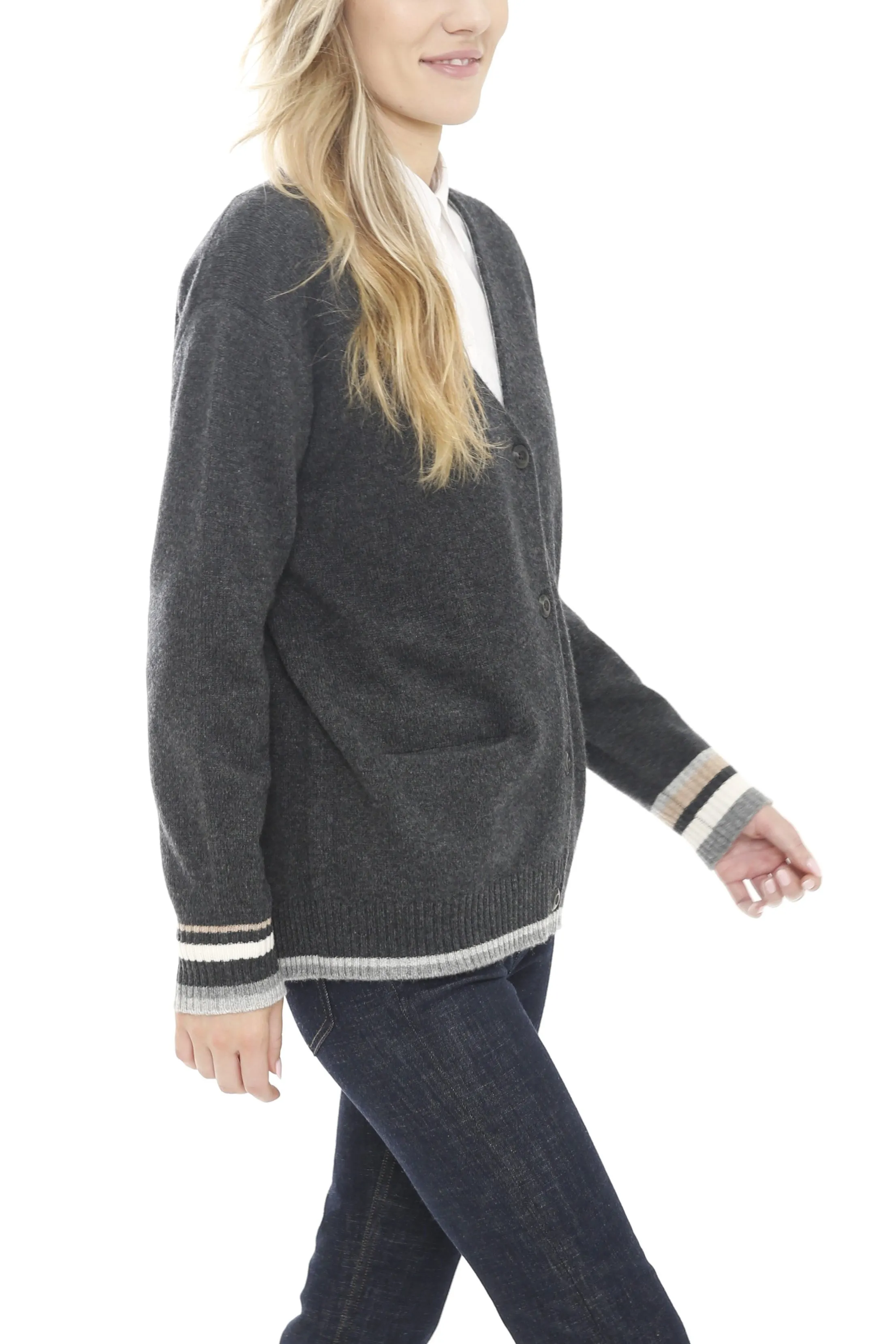 Cashmere Blend Long sleeve Button Front Cardigan with Contrast Trims