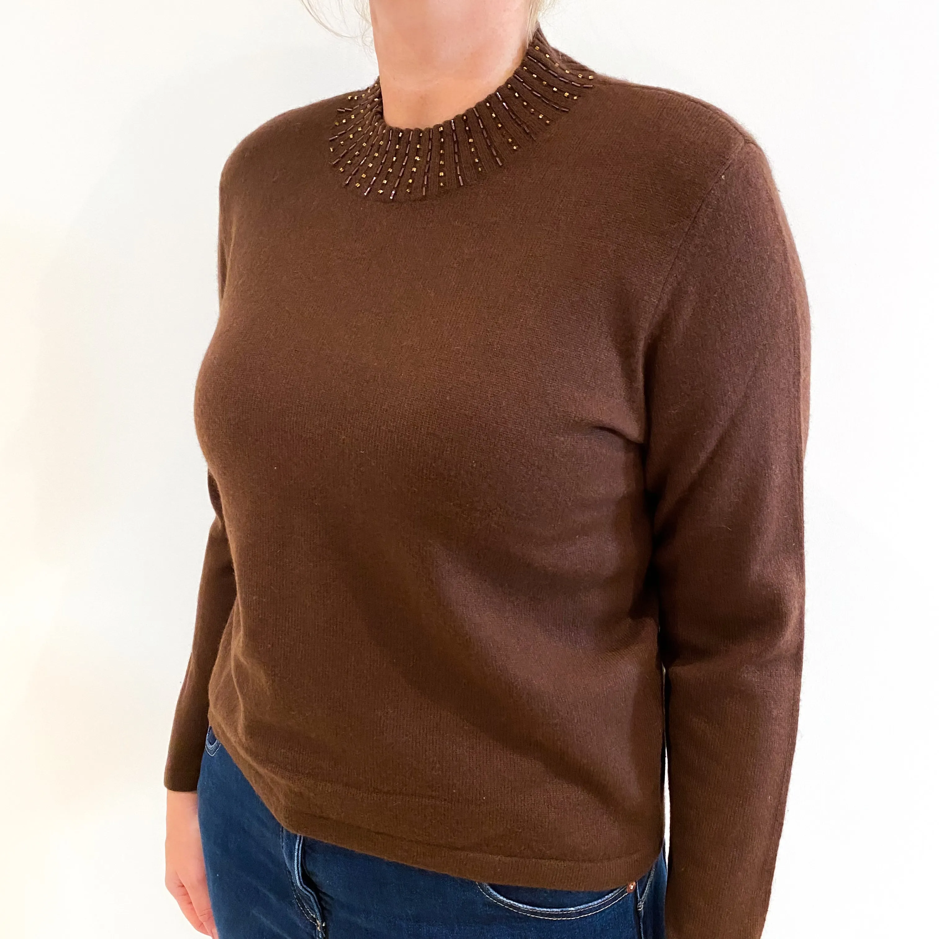 Chocolate Brown Embellished Cashmere Turtle Neck Jumper Large