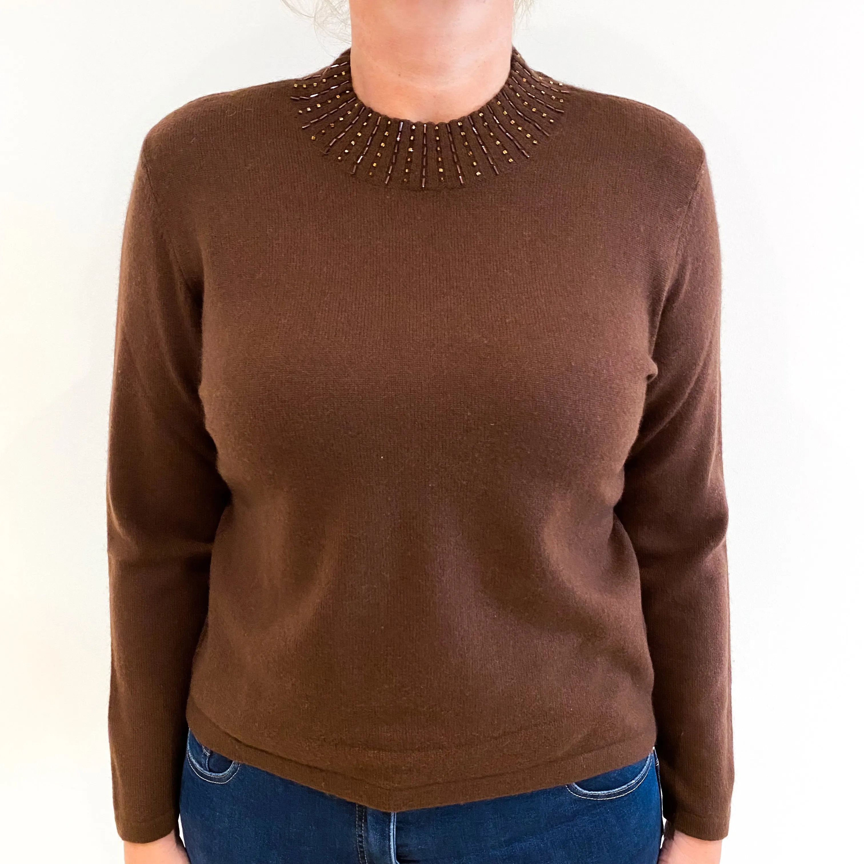 Chocolate Brown Embellished Cashmere Turtle Neck Jumper Large