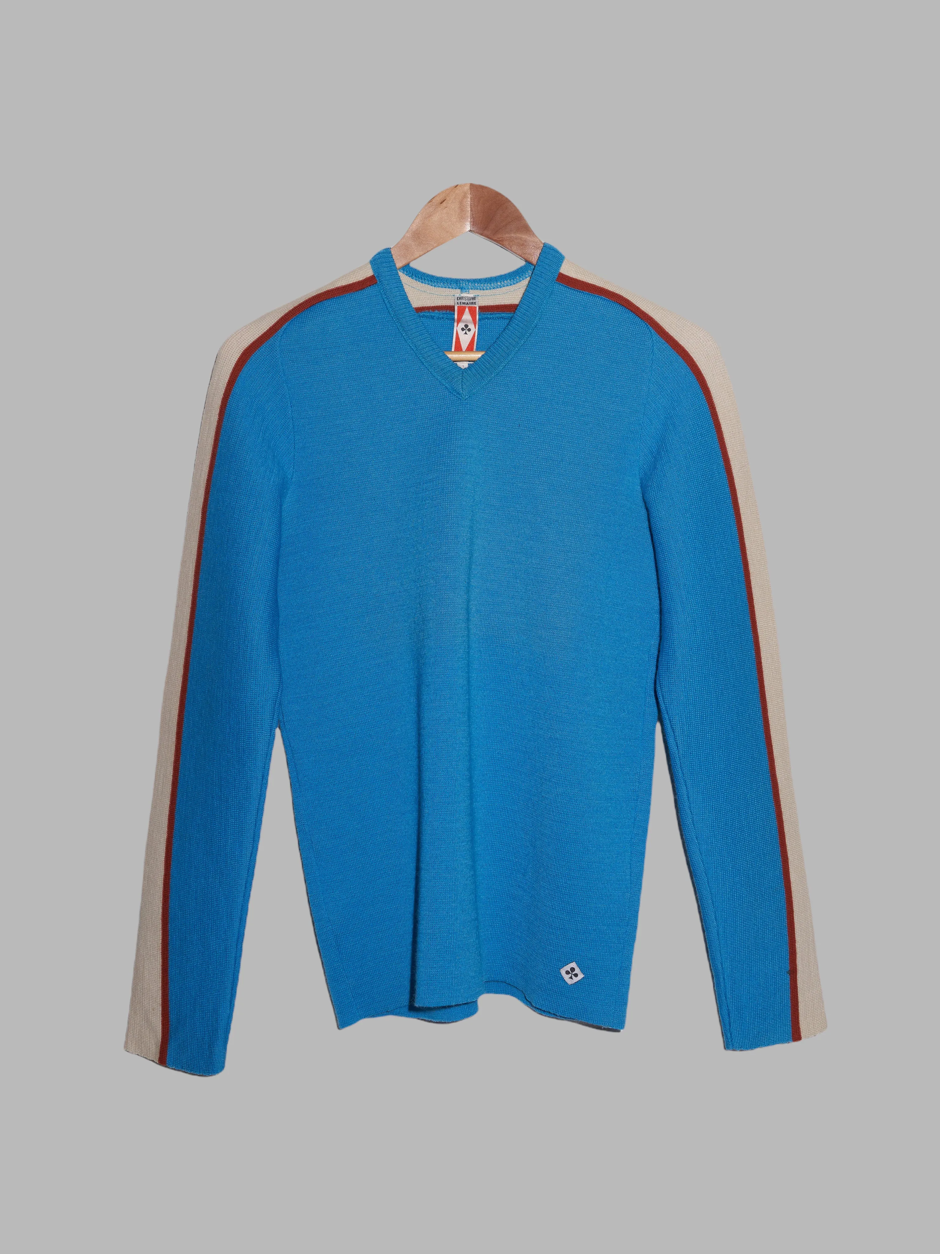 Christophe Lemaire 1990s blue wool v neck jumper with contrast sleeve - 1 XS