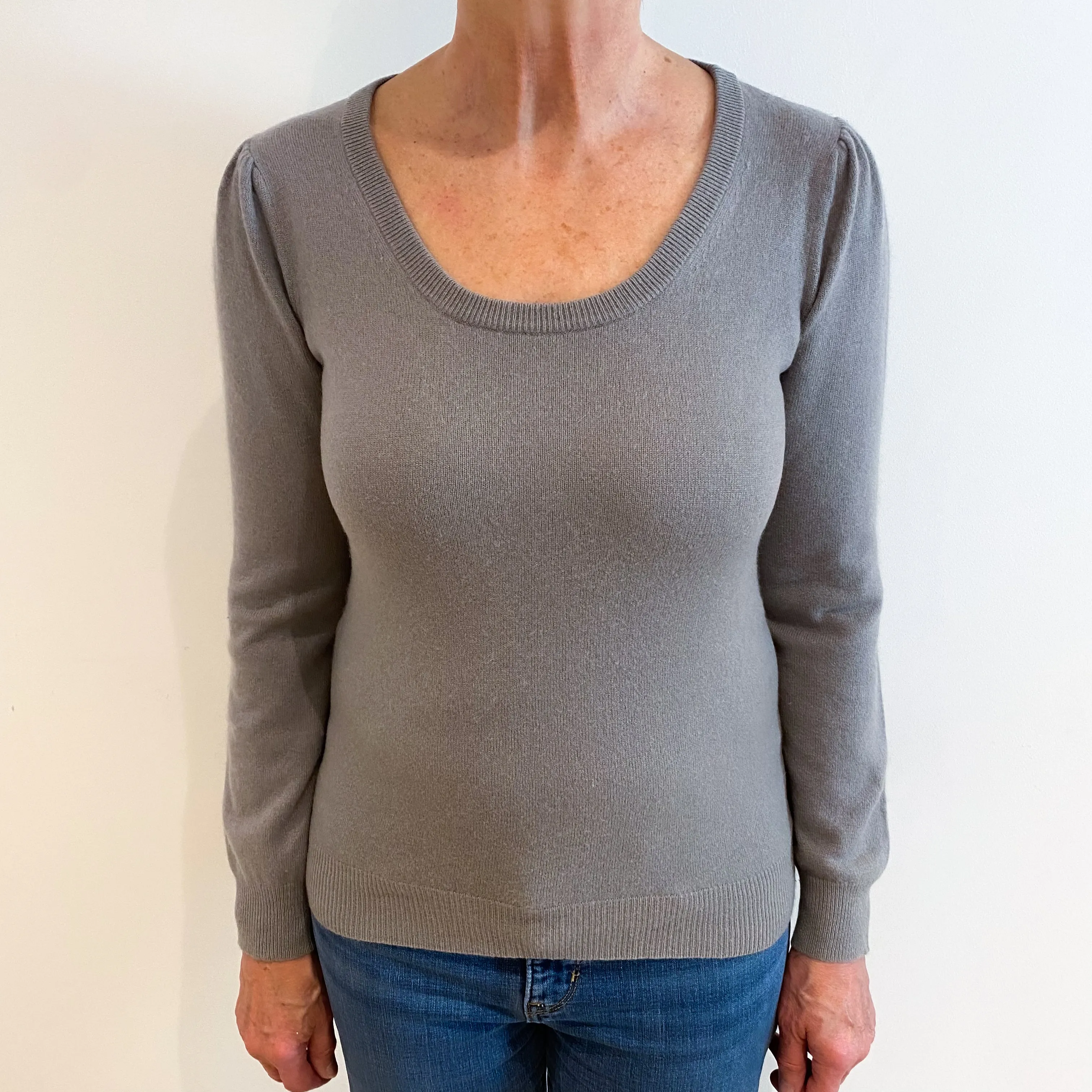 Clay Grey Button Side Cashmere Scoop Neck Jumper Medium