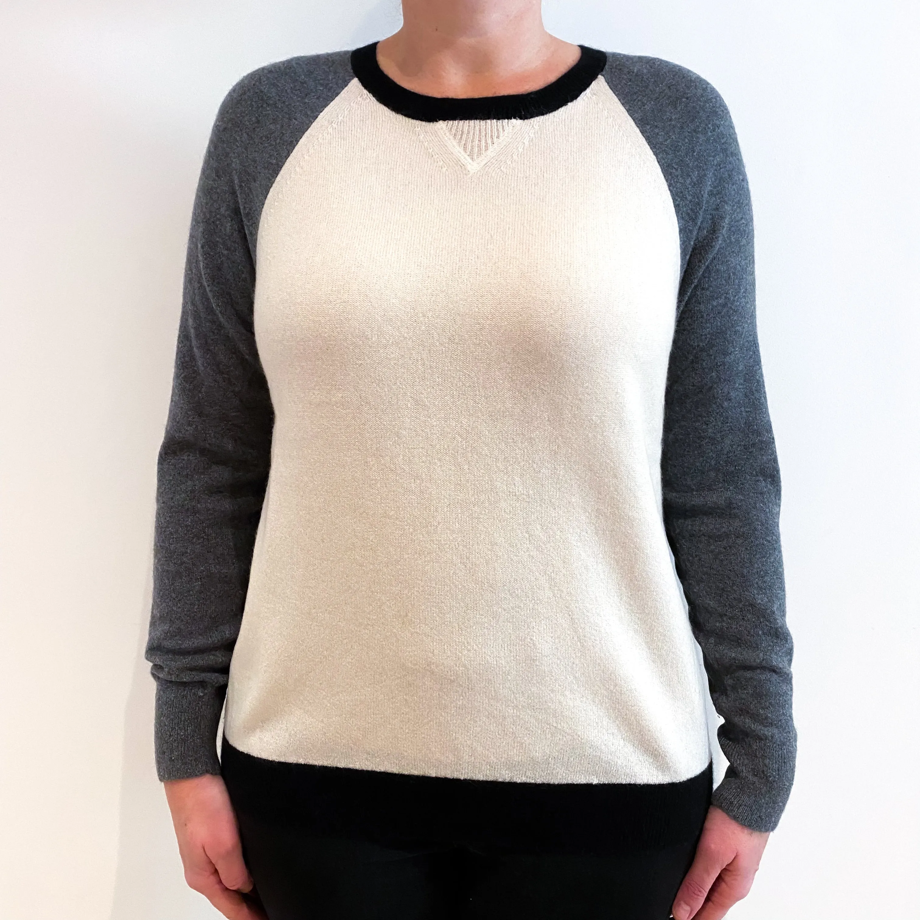 Cream and Slate Grey Cashmere Crew Neck Jumper Large