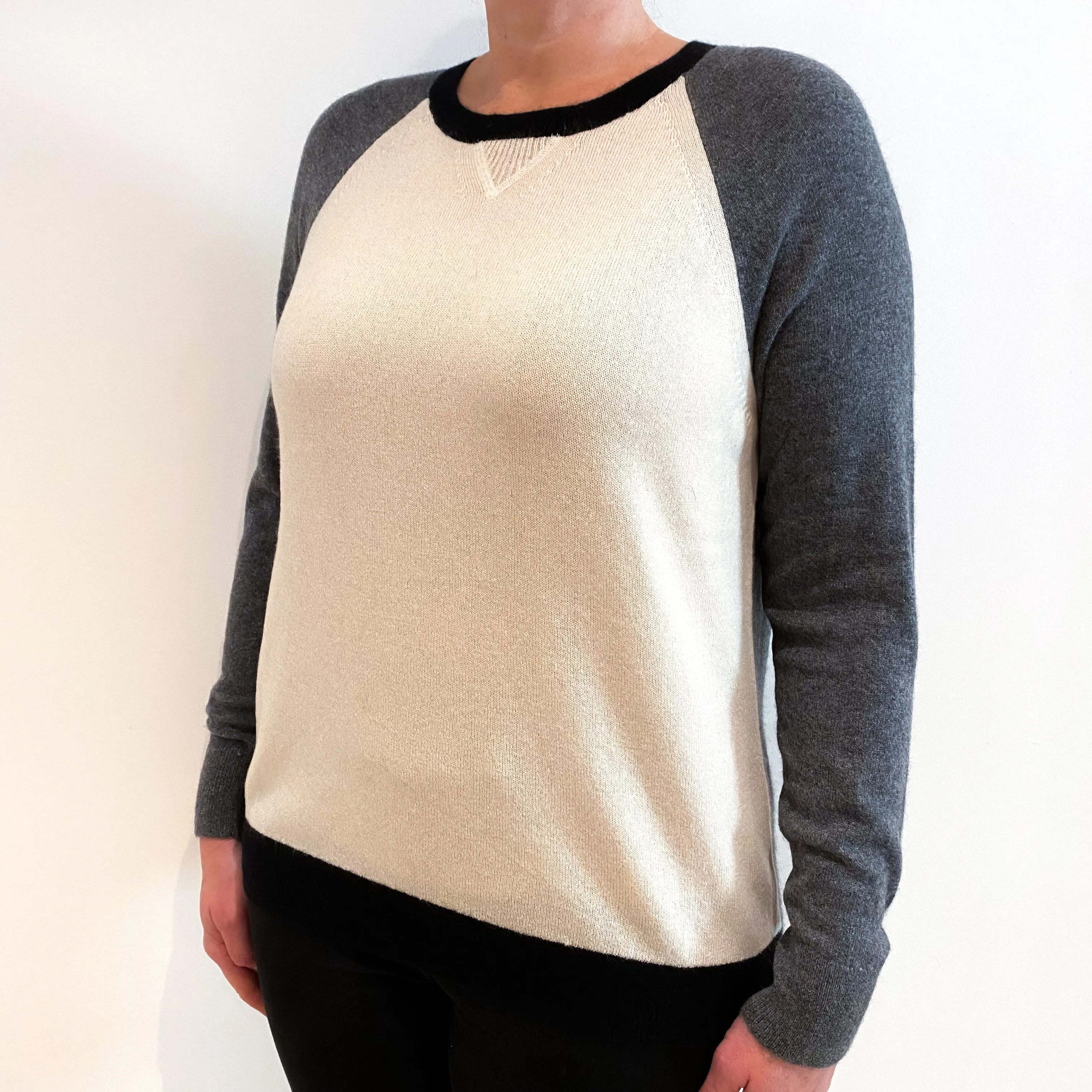 Cream and Slate Grey Cashmere Crew Neck Jumper Large