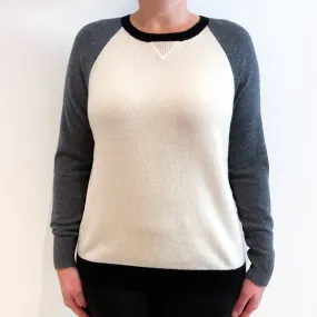 Cream and Slate Grey Cashmere Crew Neck Jumper Large