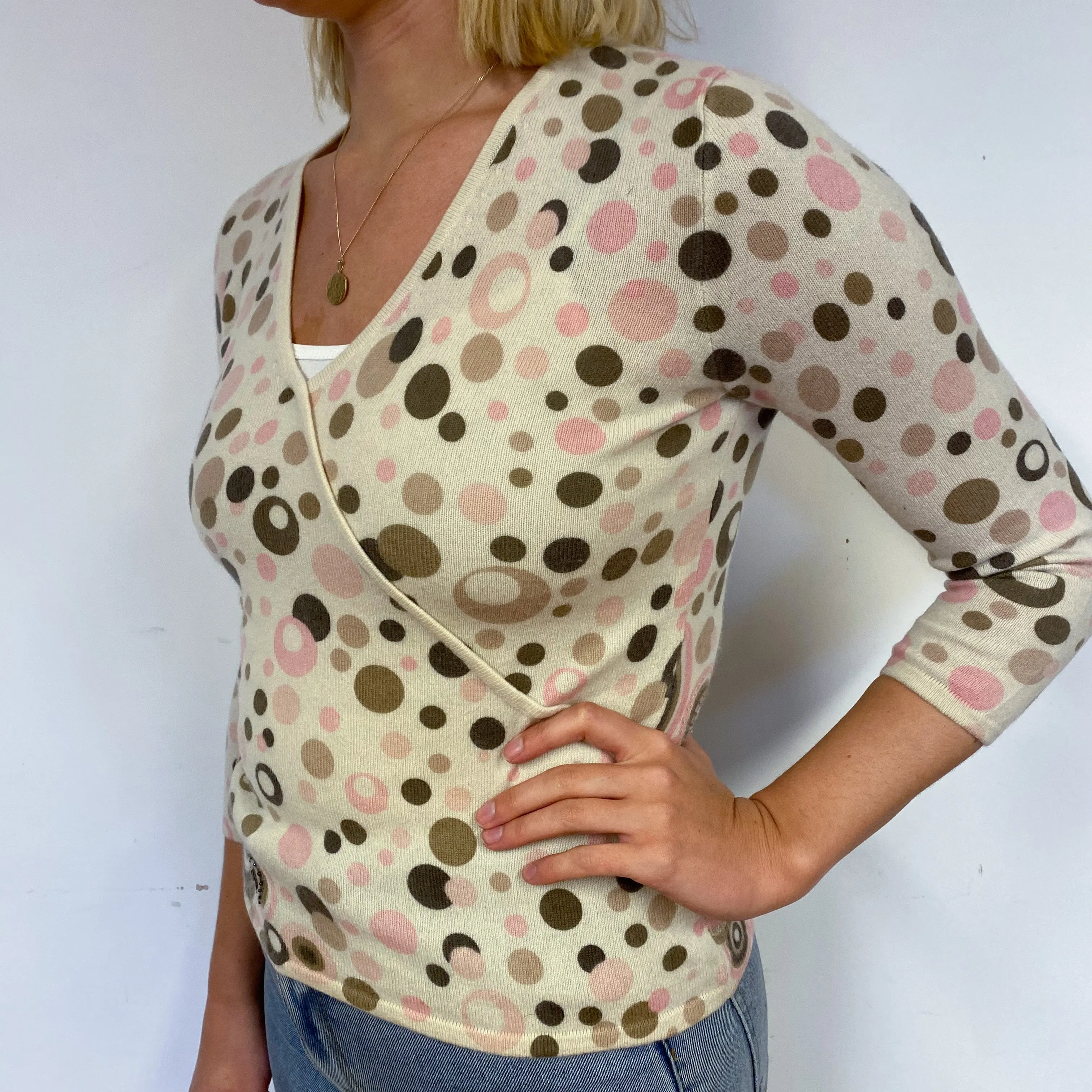 Cream Brown Spot Cashmere V-Neck Jumper Small