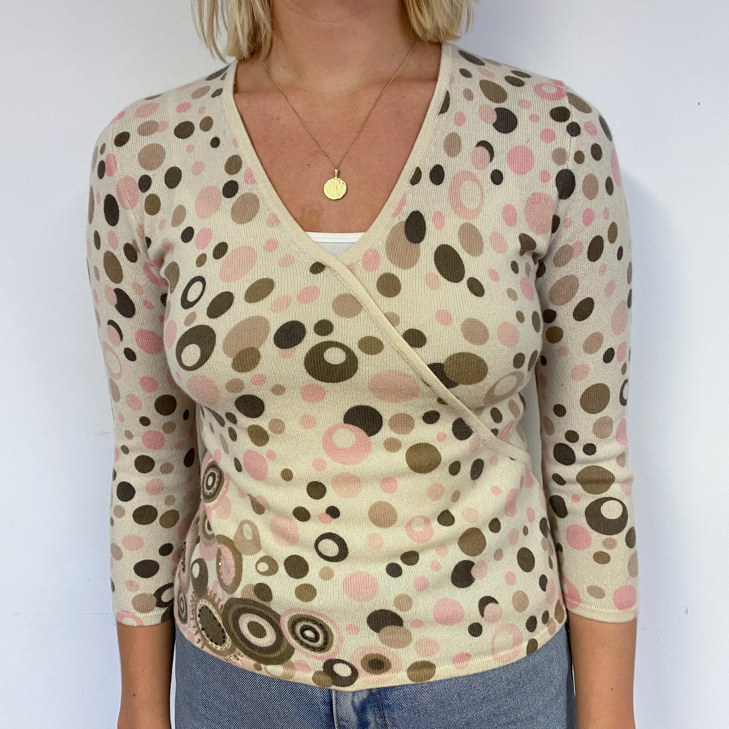 Cream Brown Spot Cashmere V-Neck Jumper Small