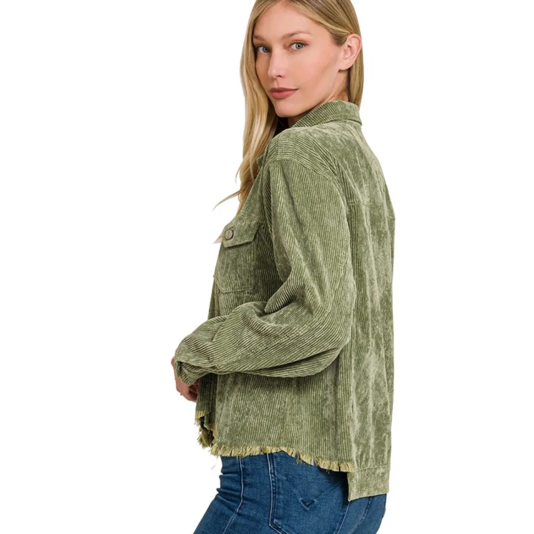 Distressed Corduroy Frayed Hem Cropped Jacket