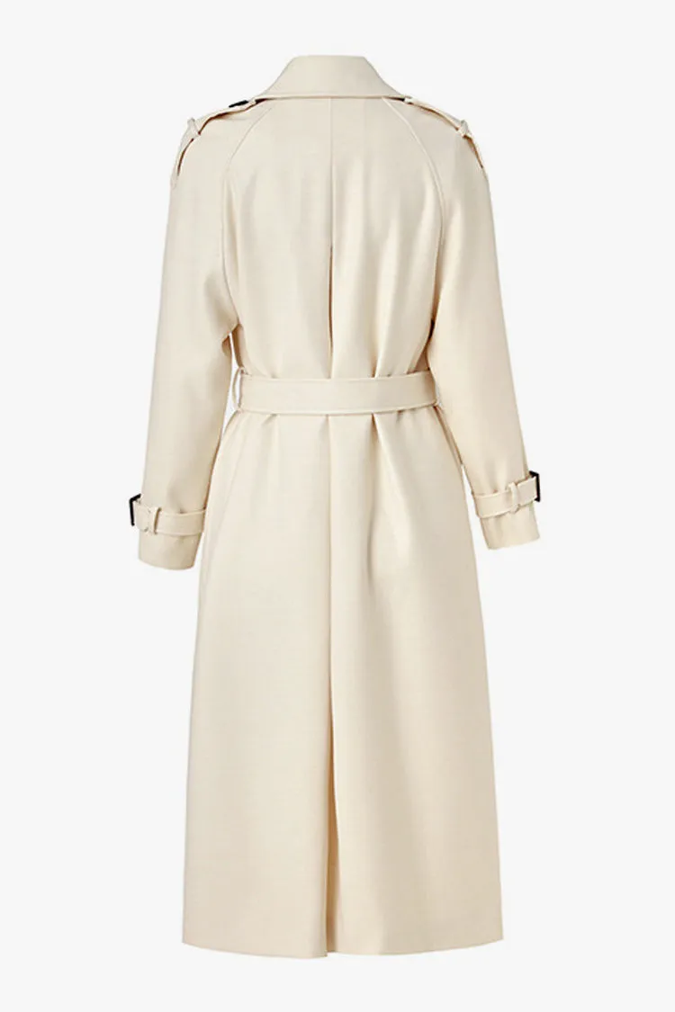 Elegant Collar Long Sleeve Double Breasted Wool Blend Belted Trench Coat