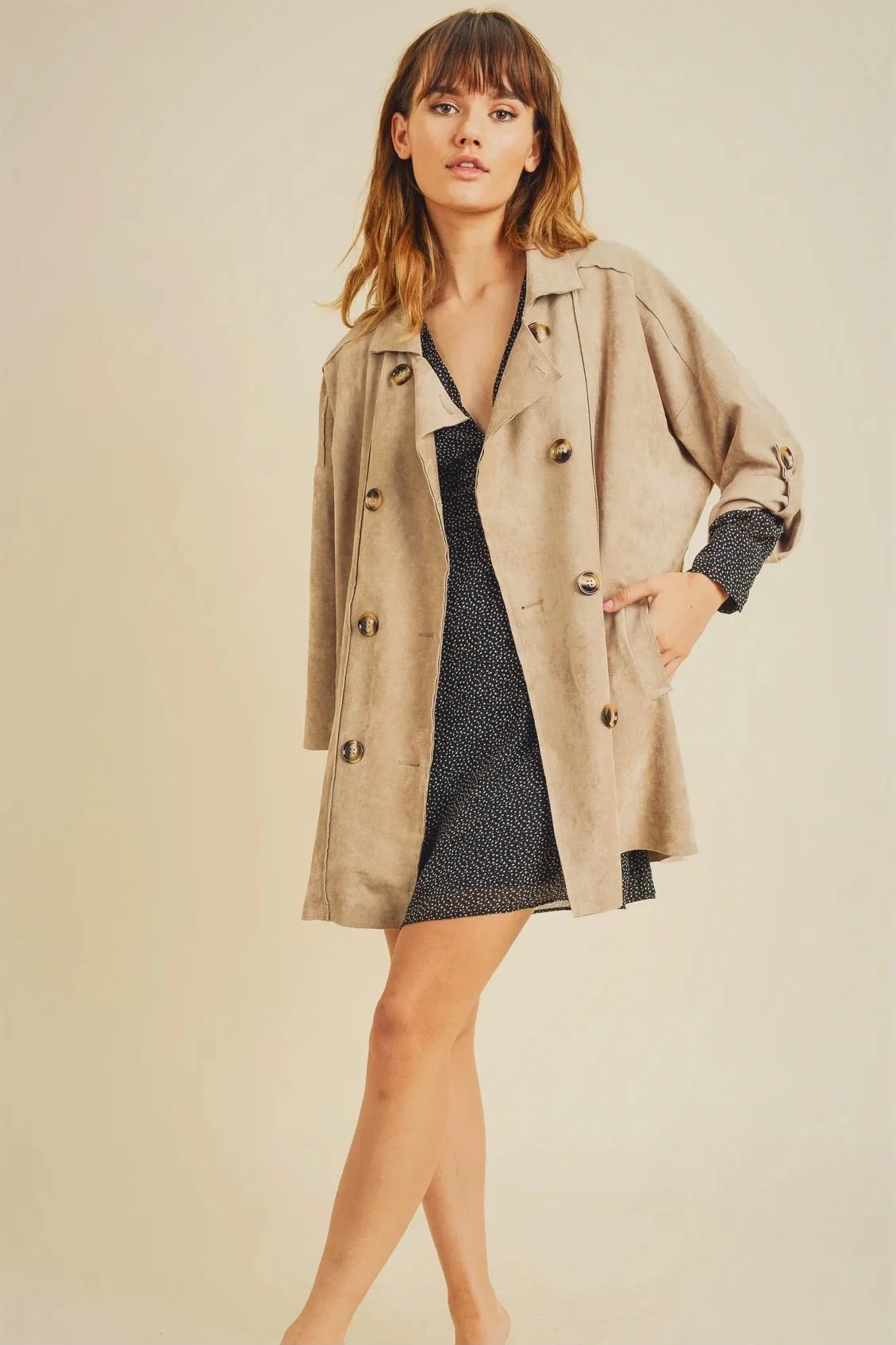 FAUX SUEDE DOUBLE BUTTON DOWN OVERSIZE JACKET