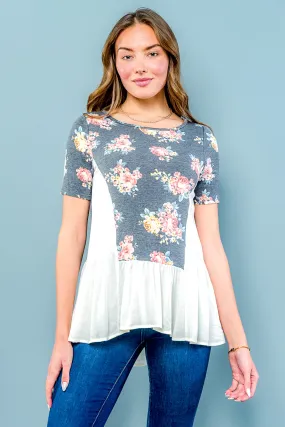 Floral Cream Colorblock Roun Neck Short Sleeve Tunic Top (D72082-FT054)