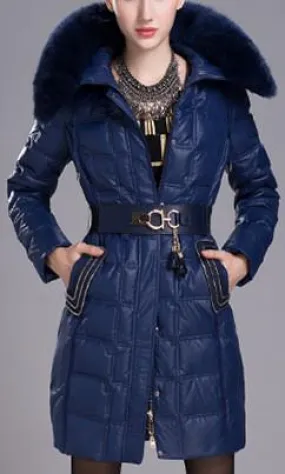 Fur Hooded Puffer Down Coat in Blue or Black