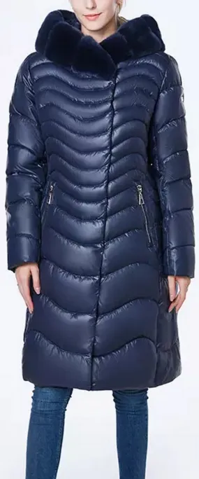 Fur Hooded Wave Puffer Coat, Blue