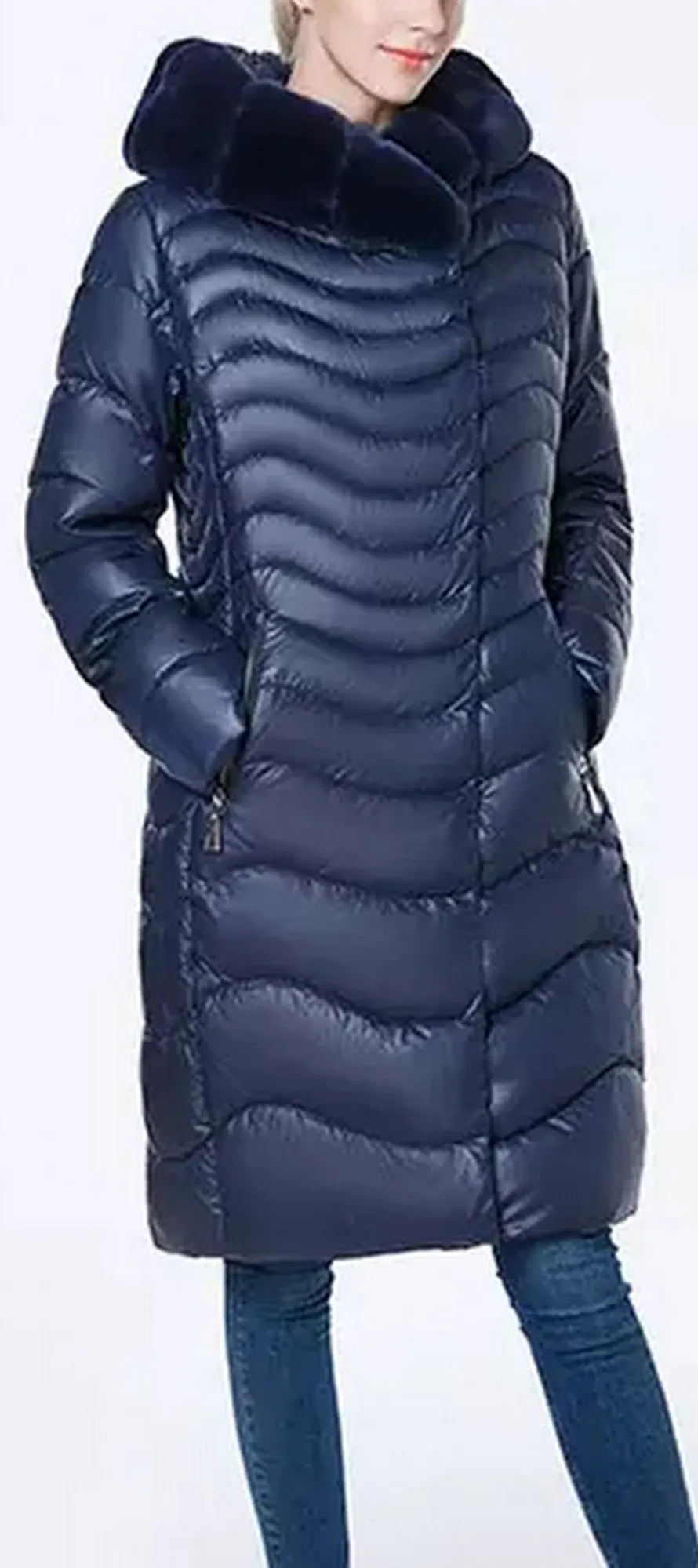 Fur Hooded Wave Puffer Coat, Blue