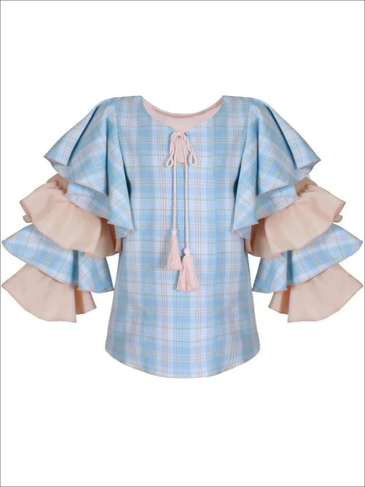 Girls Blue And Peach Plaid Ruffled Flared Sleeve Tassel Neck Drawstring Tunic