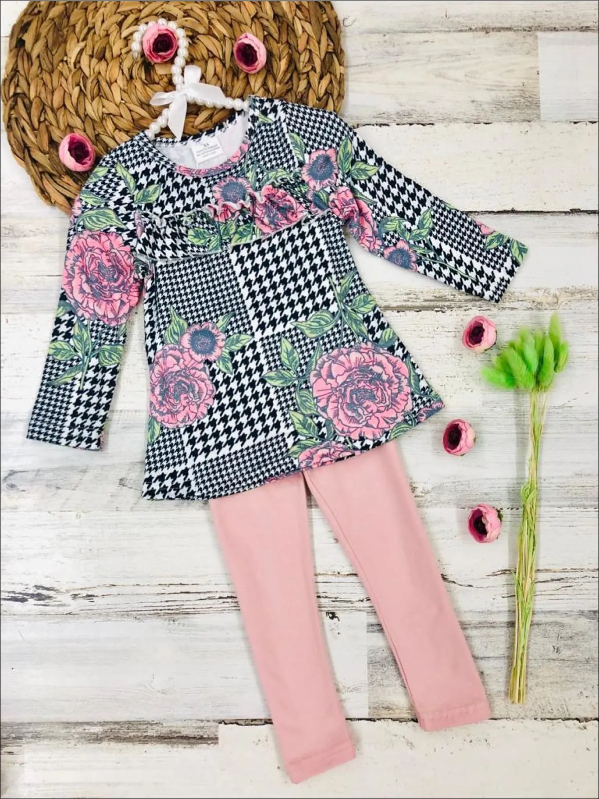 Girls Houndstooth Rose Print Ruffle Long Sleeve Tunic And Legging Set