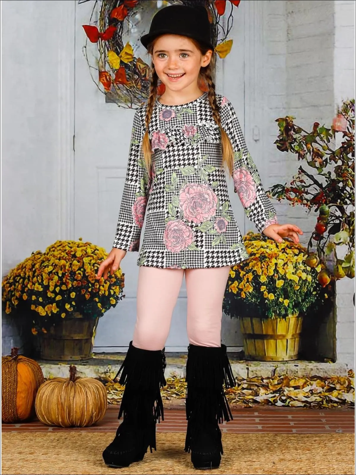 Girls Houndstooth Rose Print Ruffle Long Sleeve Tunic And Legging Set