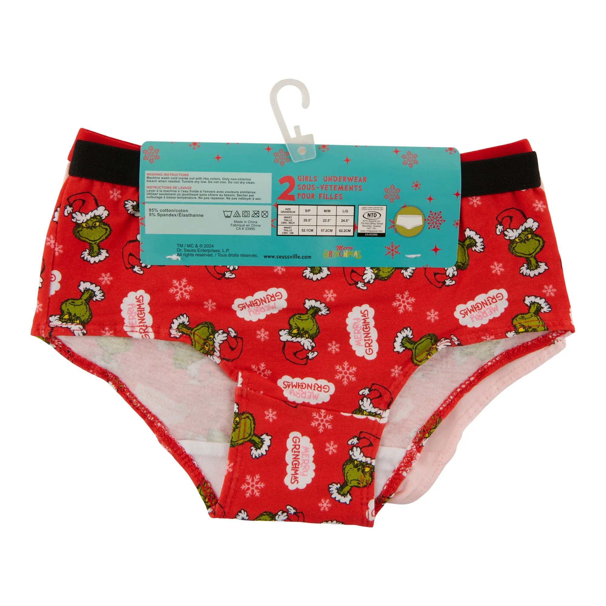 Girl's Licensed Christmas Grinch Hipster Underwear, 2-Pack