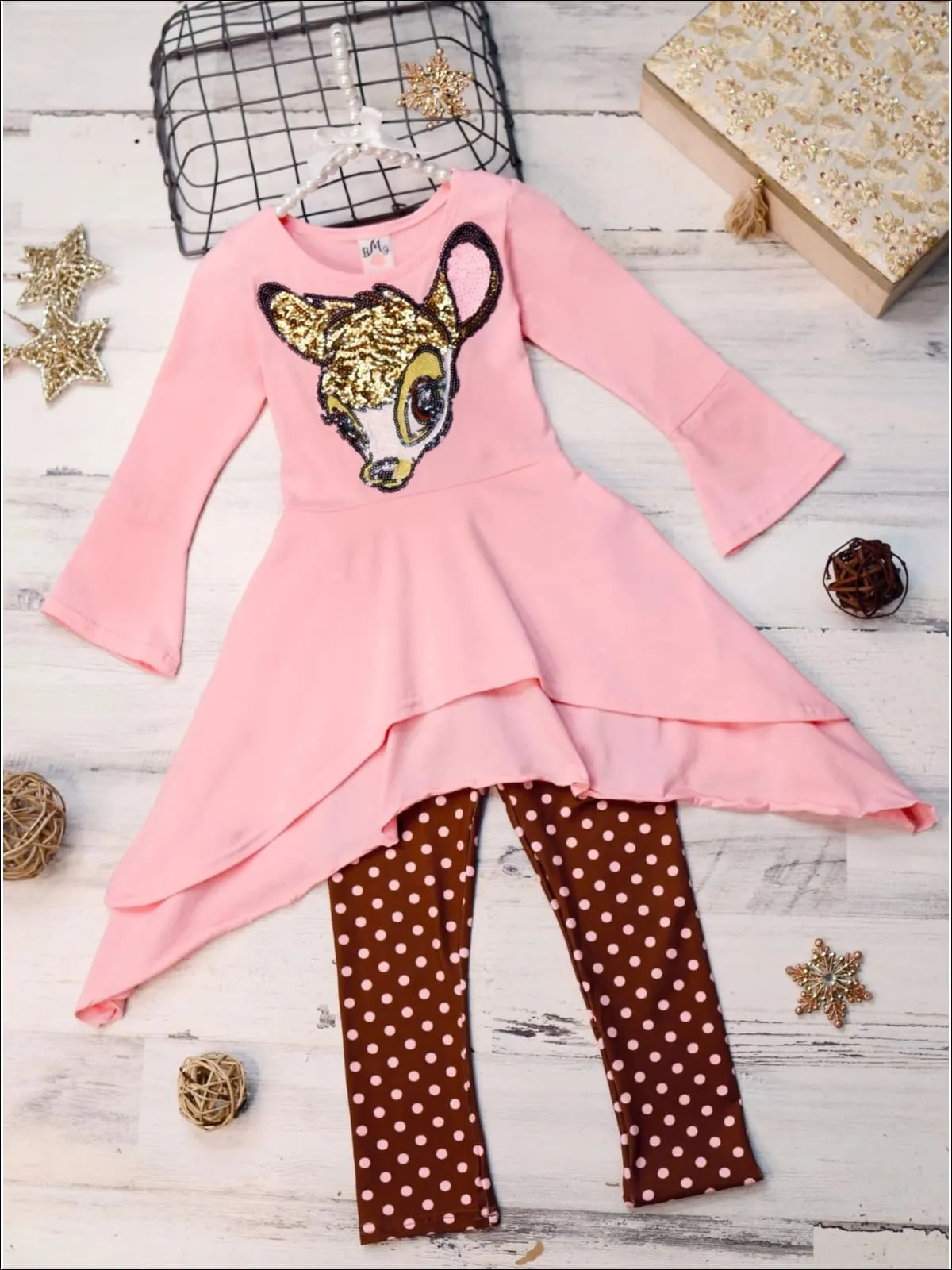 Girls Pink And Brown Double Layer Cuffed Sleeve Tunic And Legging Set with Bambi Applique