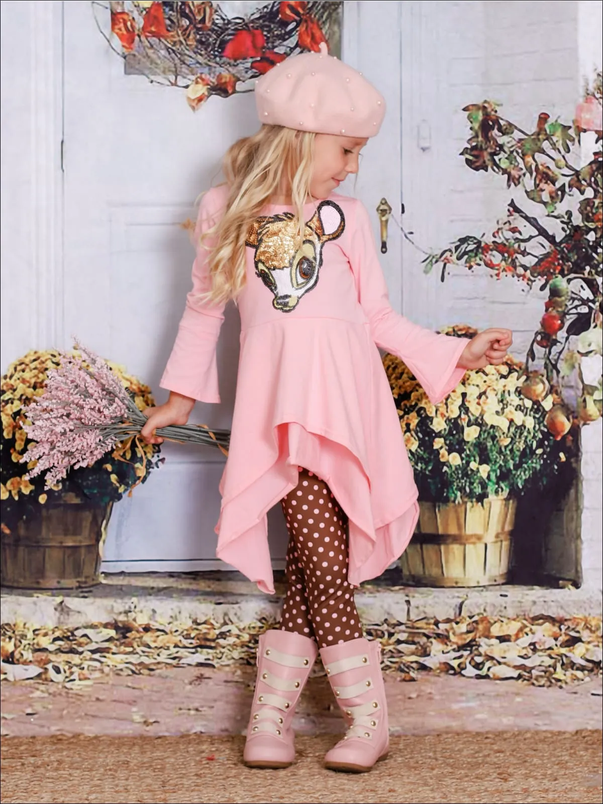 Girls Pink And Brown Double Layer Cuffed Sleeve Tunic And Legging Set with Bambi Applique