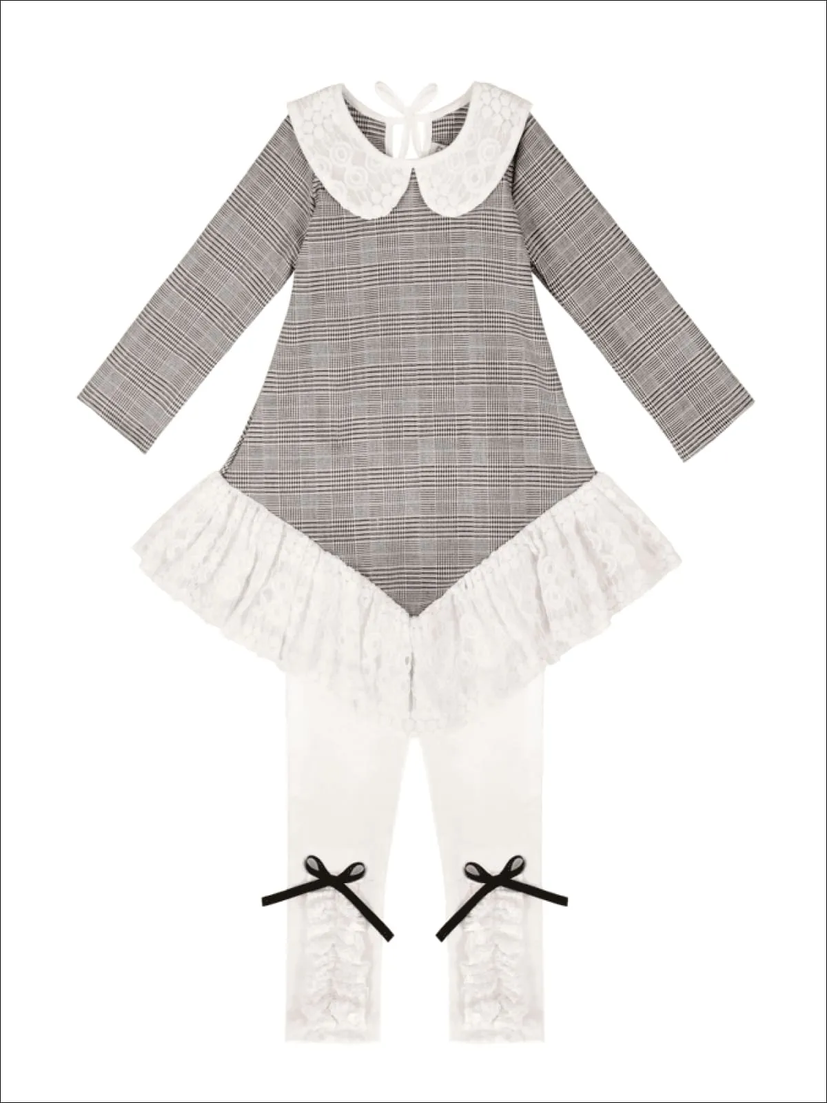 Girls Plaid Long Sleeve Lace School Peter Pan Collar And Ruffled Hem Tunic And Matching Bow Legging Set