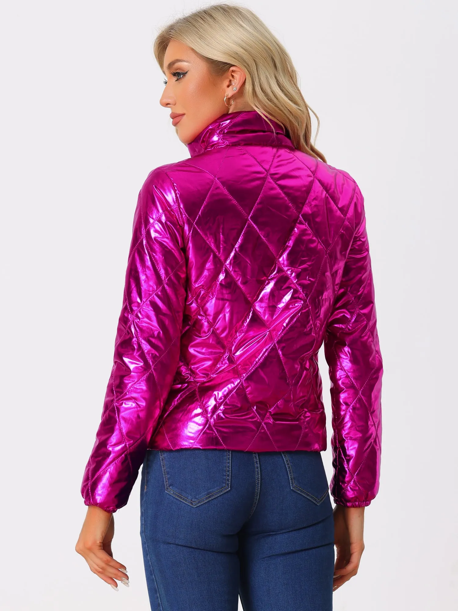 Holographic Shiny Zipper Metallic Down Puffer Jacket