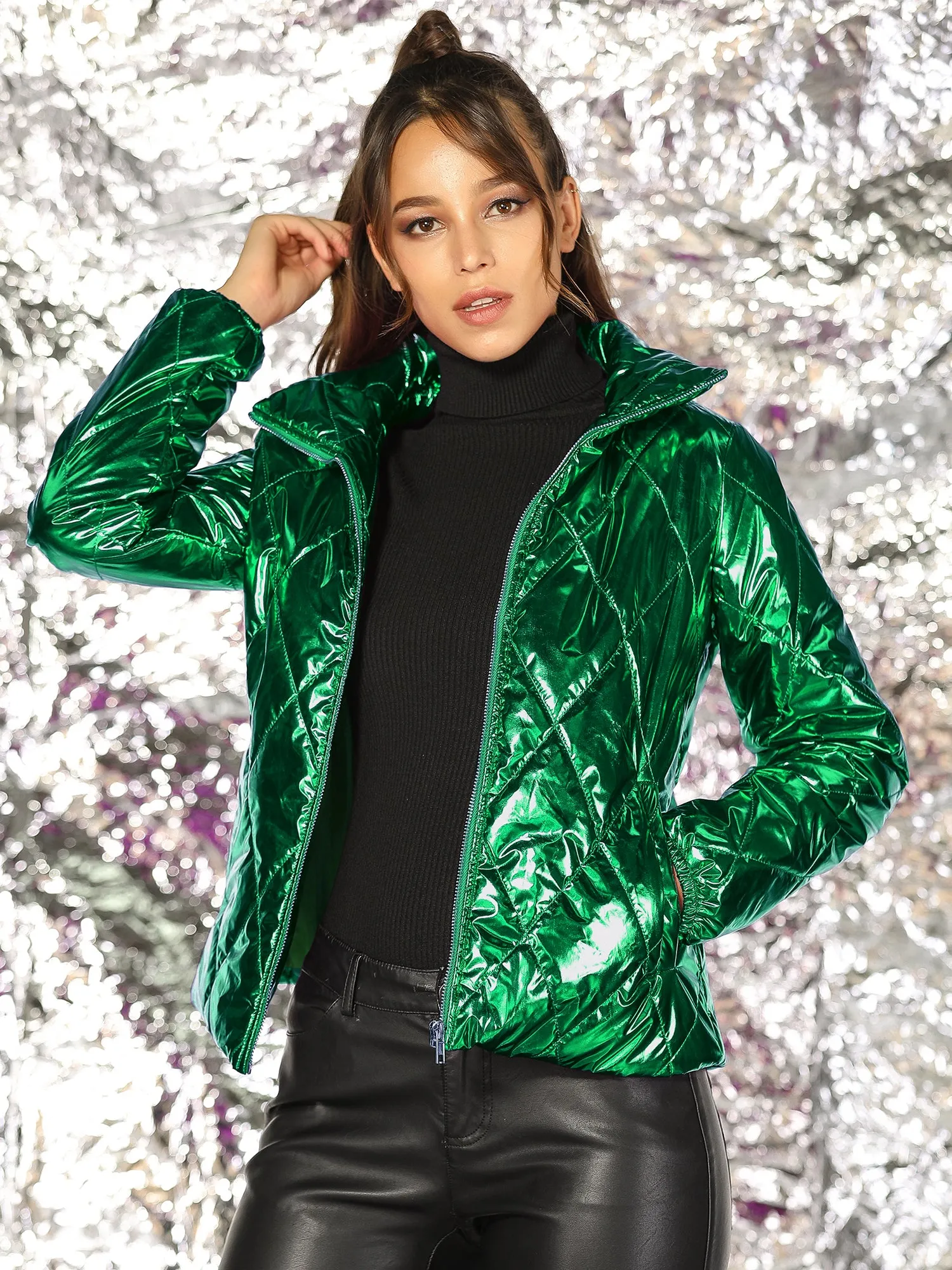 Holographic Shiny Zipper Metallic Down Puffer Jacket